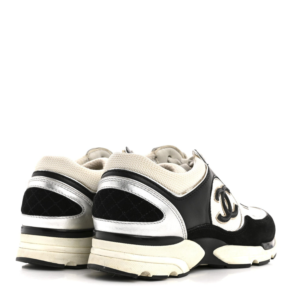 Mesh Suede Calfskin Grained Calfskin Womens CC Sneakers 35 Black White Silver