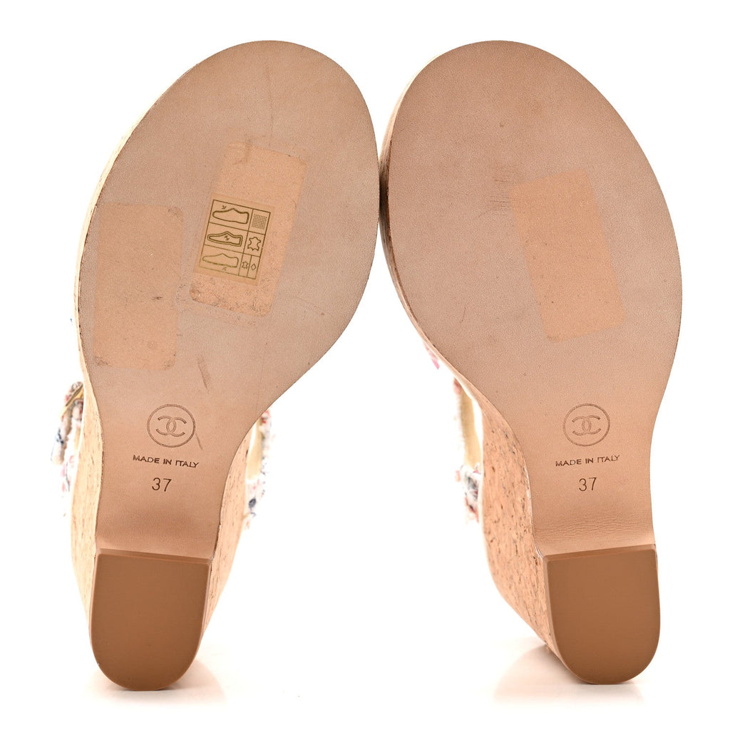 Chanel Tweed Cork CC Wedge Sandals 37 Ecru Pink Blue Green