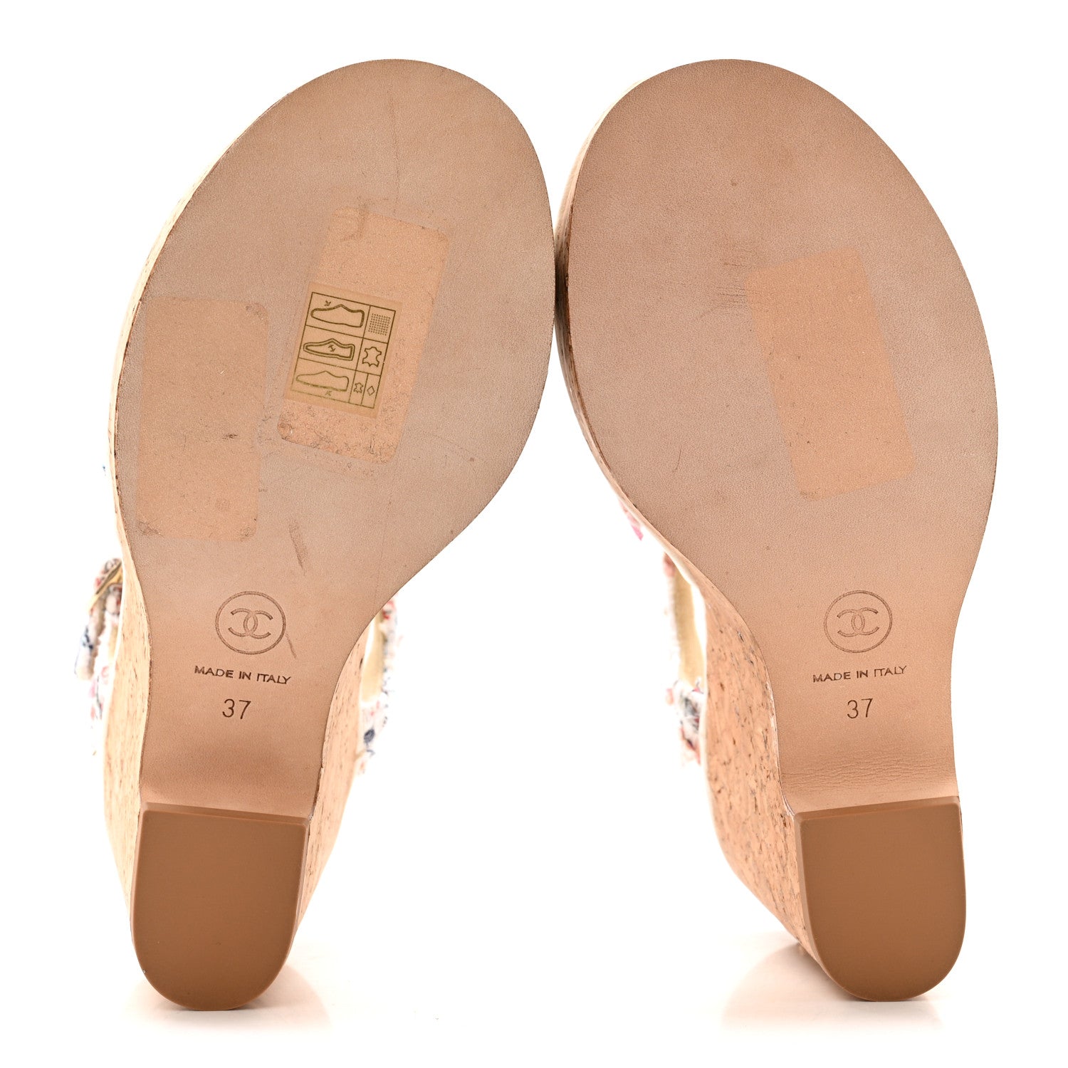 Chanel Tweed Cork CC Wedge Sandals 37 Ecru Pink Blue Green