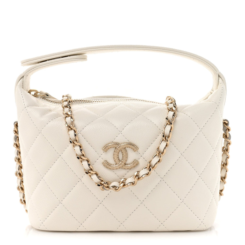Chanel Caviar Quilted Hobo Clutch With Chain White