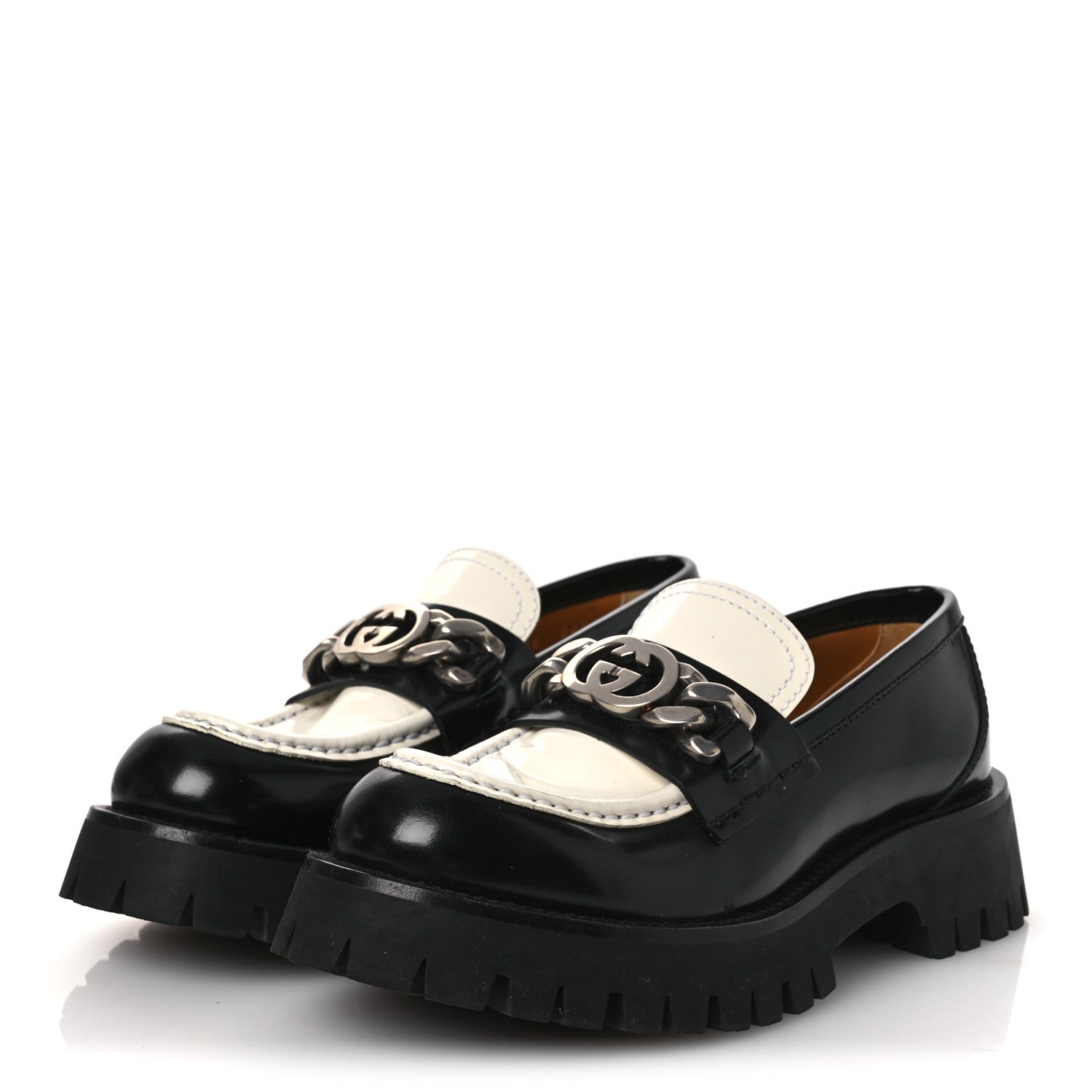 Gucci Cordovan Lux Womens Interlocking G Platform Lug Sole Loafers 36 Black Off White