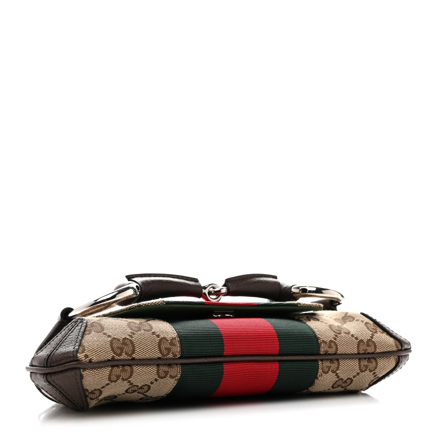Gucci Monogram Textured Dollar Calfskin Heavy Grosgrain Web Small Maxi Horsebit Chain Shoulder Bag Beige Ebony New Acero