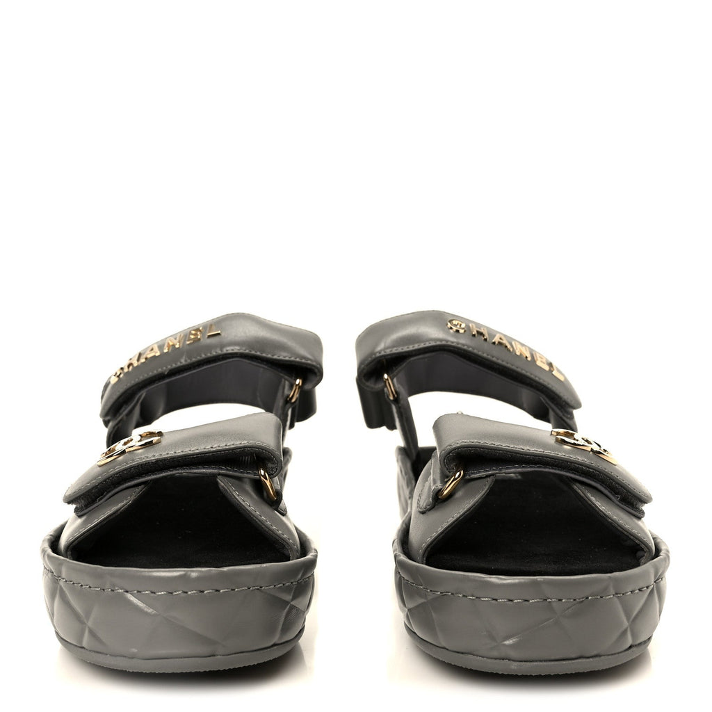 Chanel Shiny Calfskin Logo Platform Sandals 36 Grey