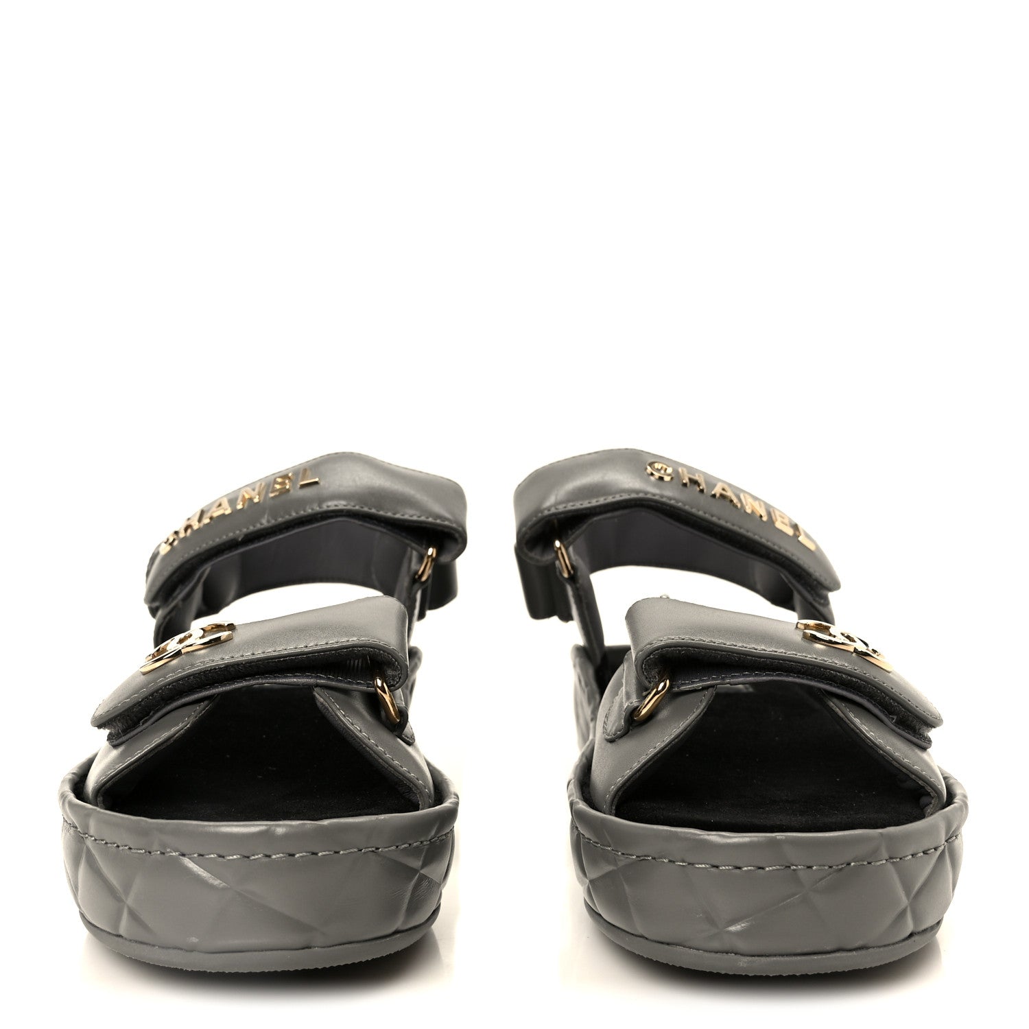 Chanel Shiny Calfskin Logo Platform Sandals 36 Grey