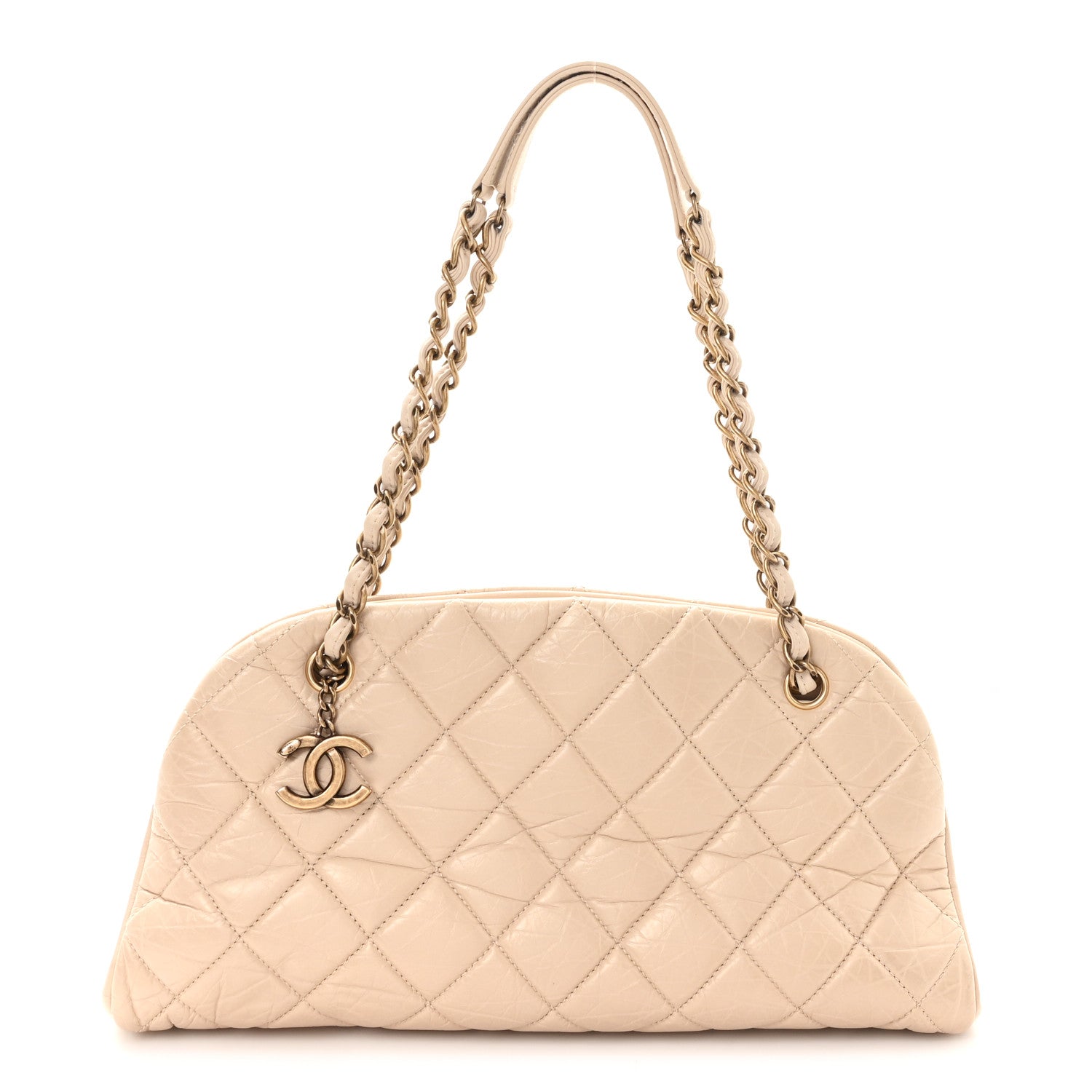 Chanel Aged Calfskin Quilted Medium Just Mademoiselle Bowling Bag Beige