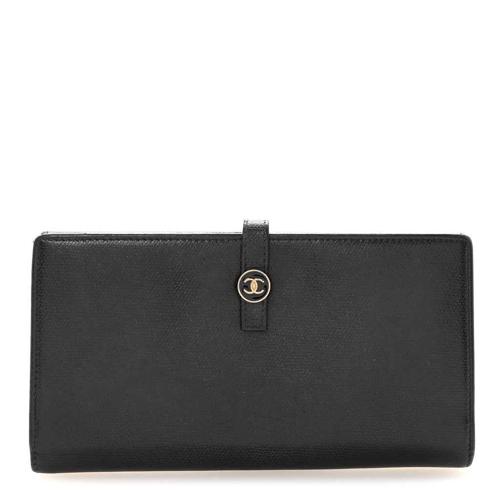 Grained Calfskin CC Button Long Wallet Black