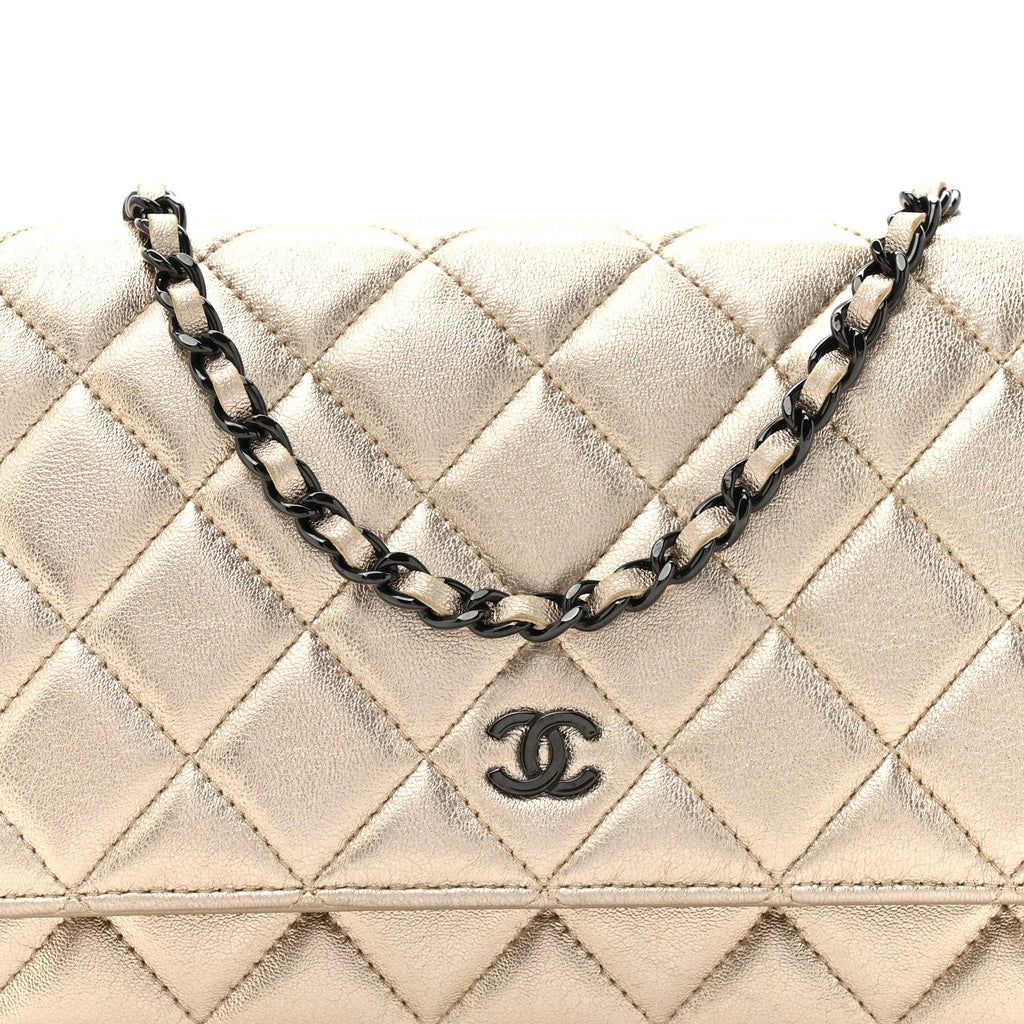 Chanel Metallic Lambskin Quilted Wallet On Chain WOC Gold Black