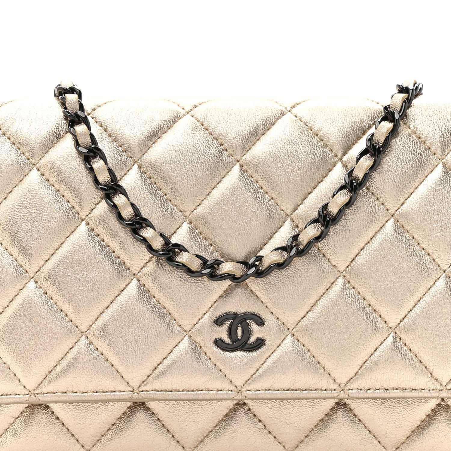 Chanel Metallic Lambskin Quilted Wallet On Chain WOC Gold Black