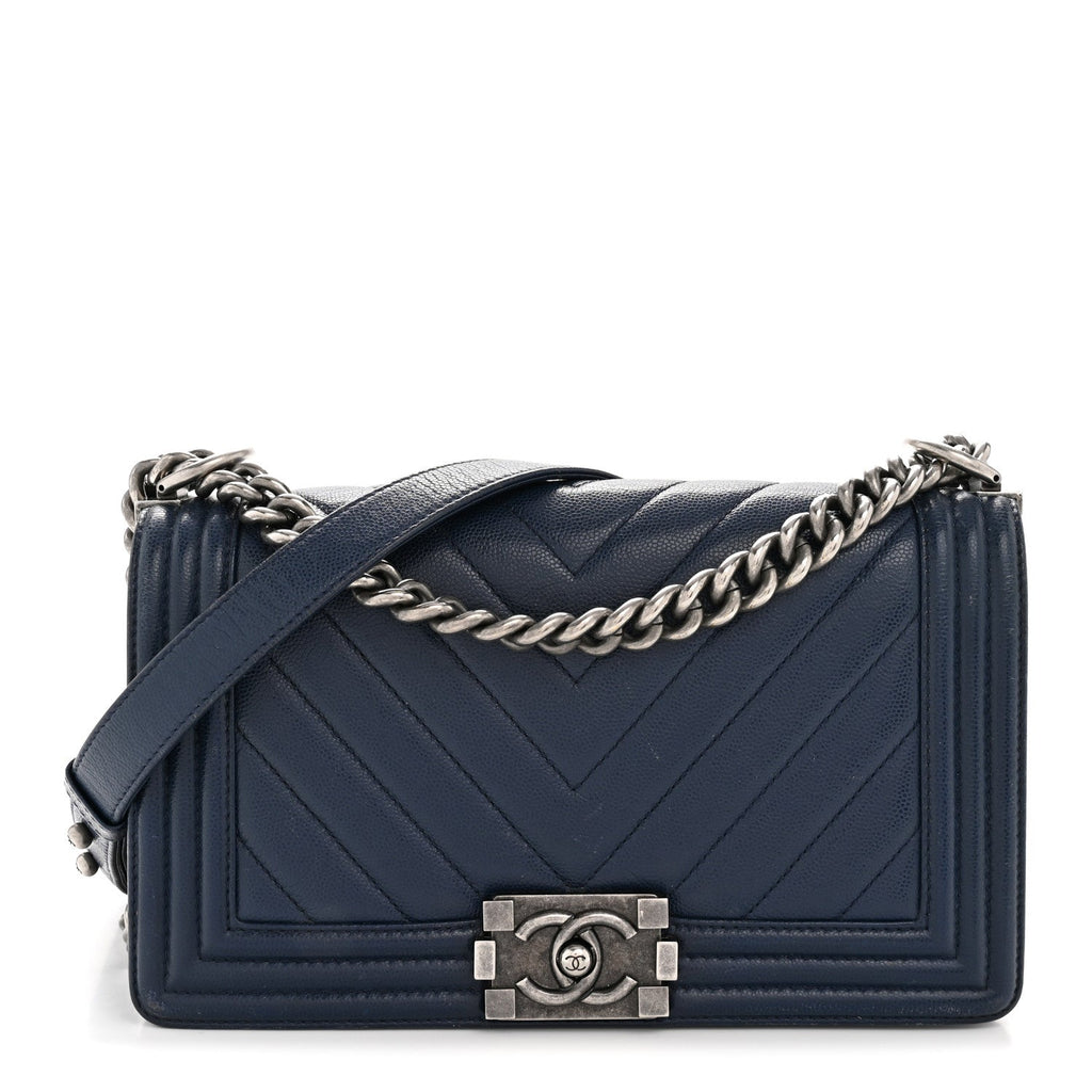 Chanel Caviar Chevron Quilted Medium Boy Flap Navy