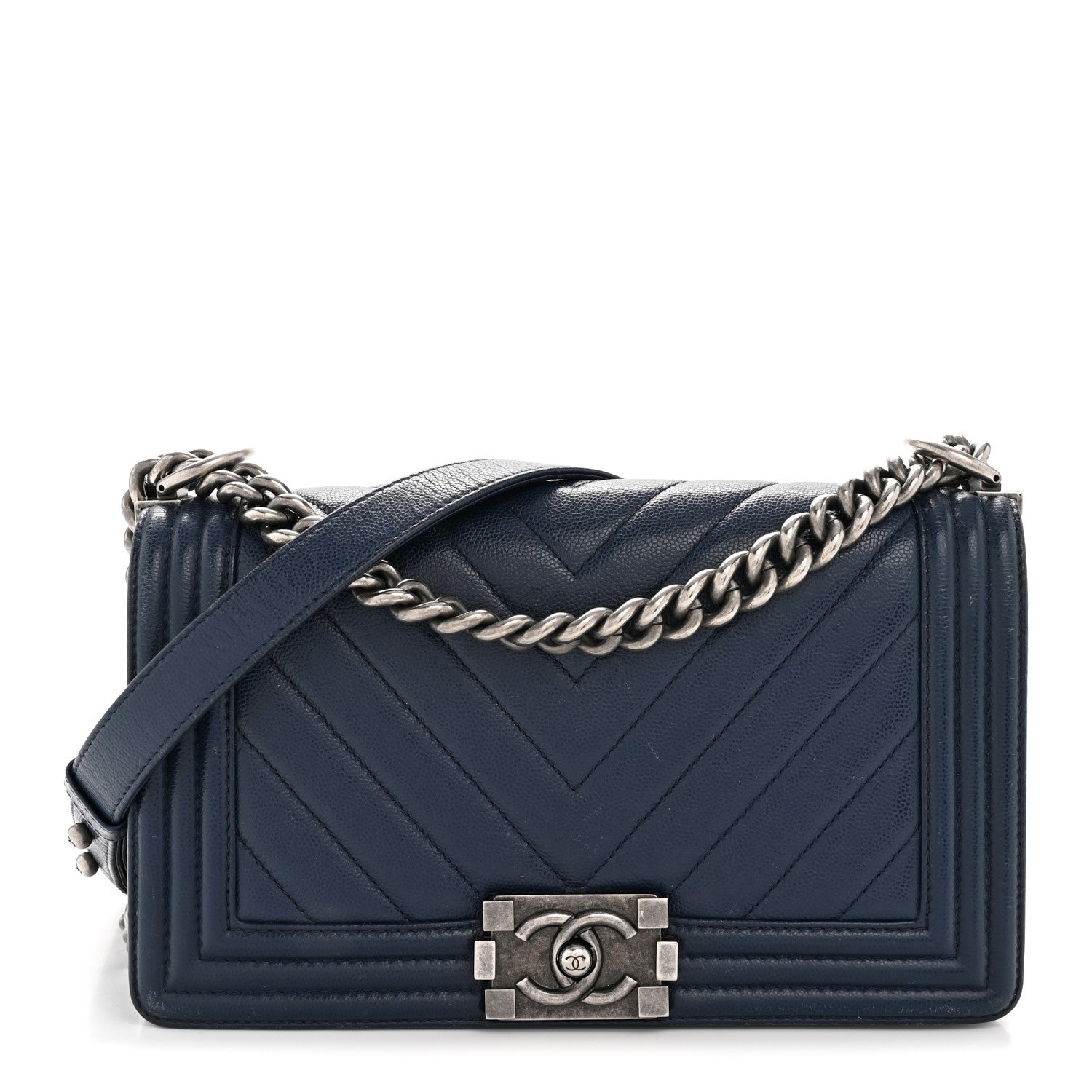 Chanel Caviar Chevron Quilted Medium Boy Flap Navy