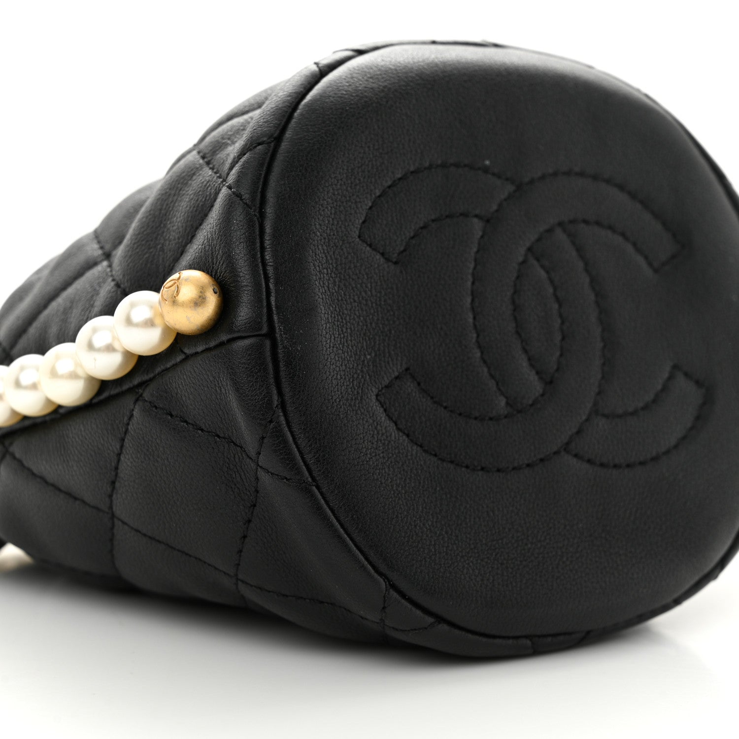 Chanel Calfskin Quilted Pearl Mini About Pearls Drawstring Bucket Bag Black