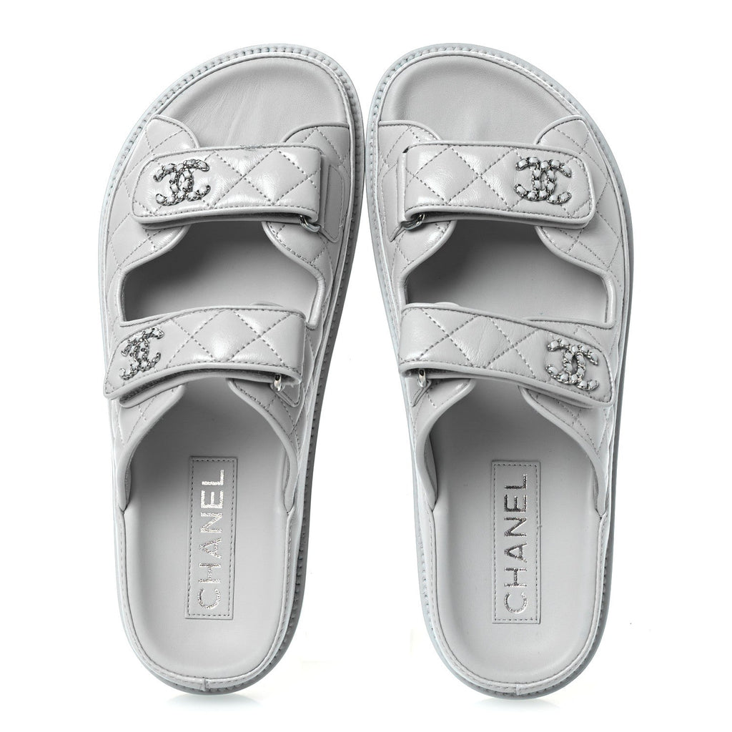 Laminated Lambskin Quilted Velcro Dad Chain CC Slide Sandals 37.5 Light Blue