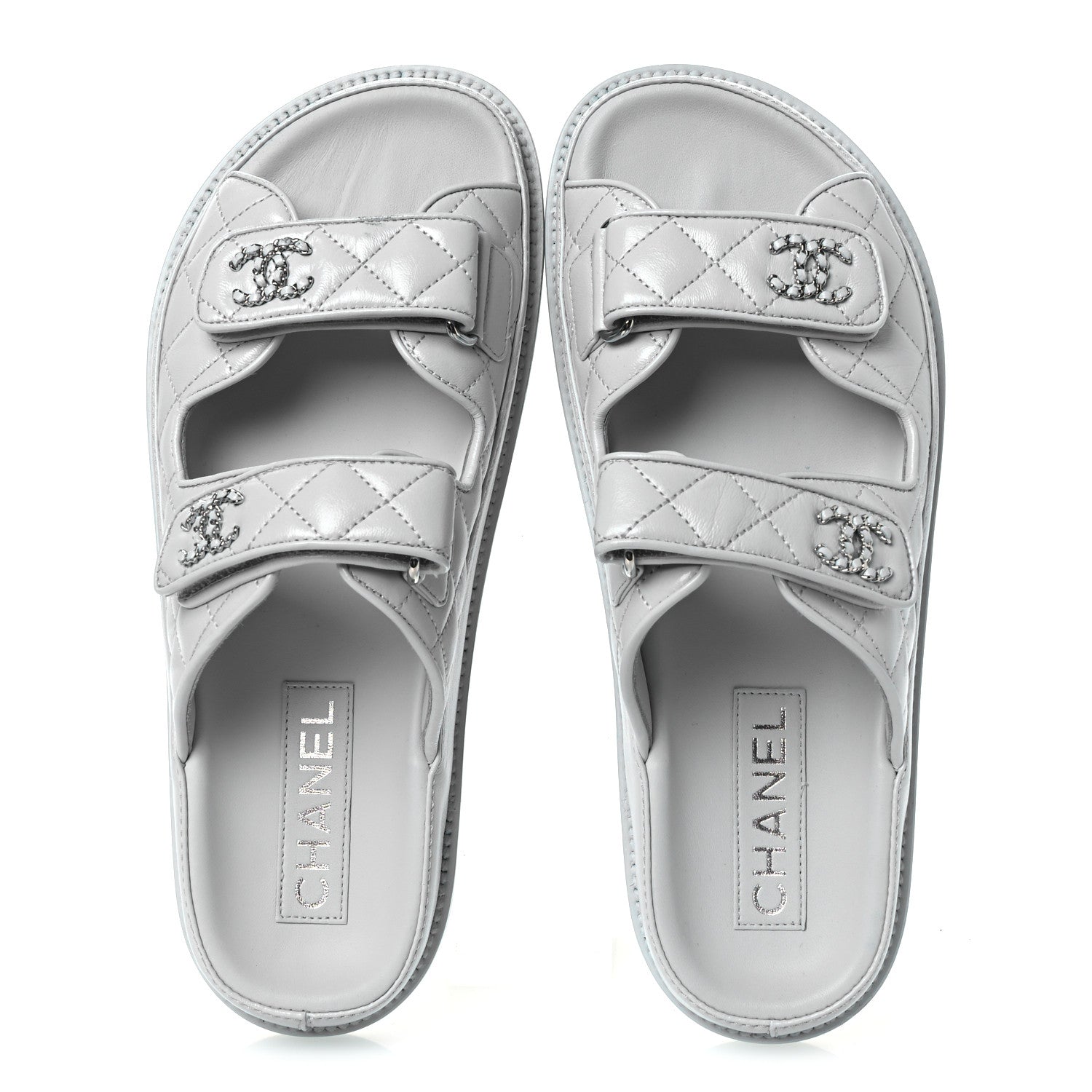 Laminated Lambskin Quilted Velcro Dad Chain CC Slide Sandals 37.5 Light Blue