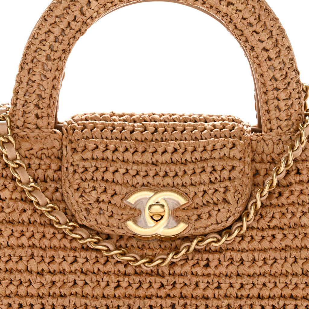 Chanel Braided Raffia Nano Kelly Flap Bag Dark Beige