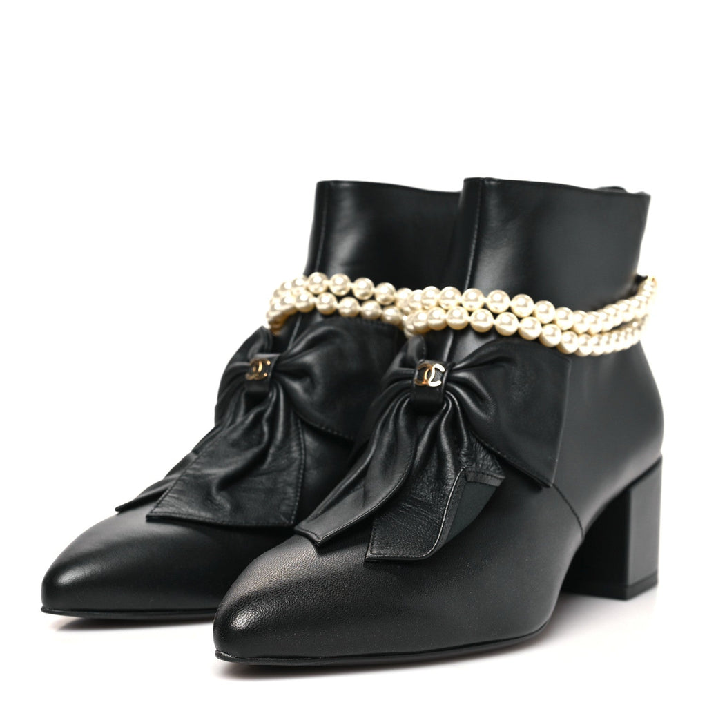 Lambskin Pearl Bow Short Boots 37.5 Black