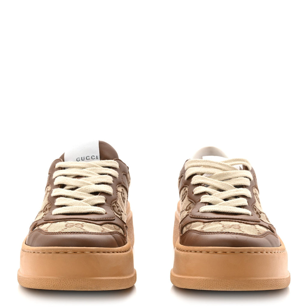 Gucci Calfskin GG Monogram Womens Platform 55mm Sneakers 35.5 Hezelnut Beige Ebony Mystic White