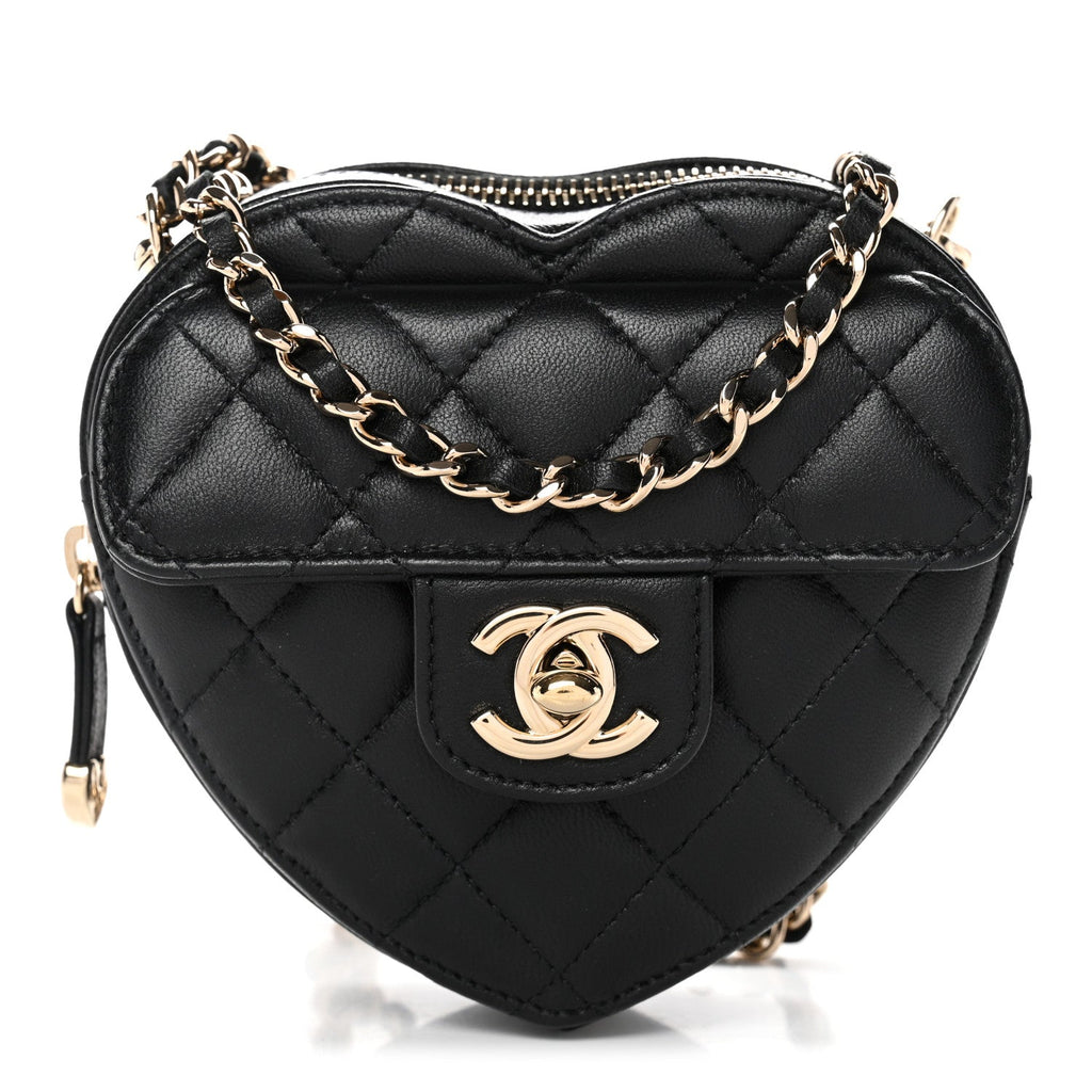 Chanel Lambskin Quilted CC In Love Heart Clutch With Chain Black