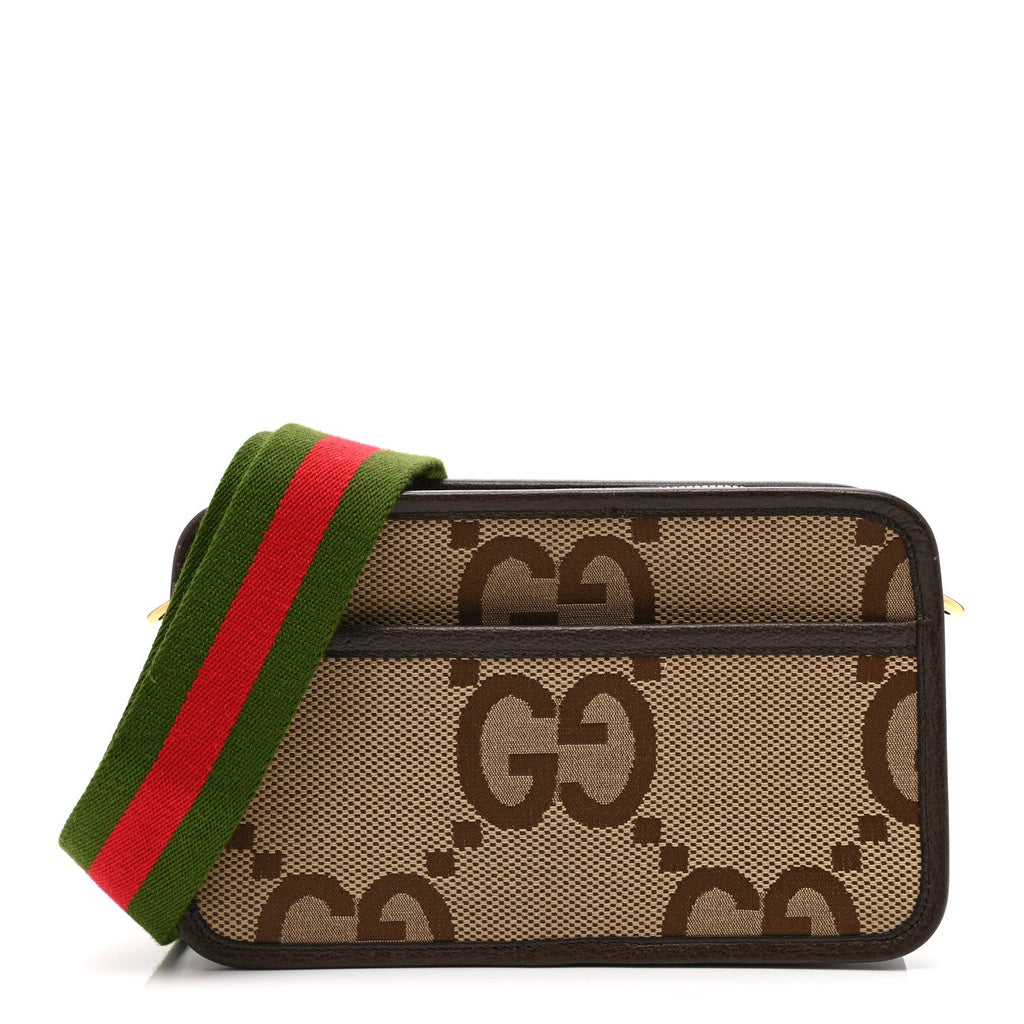Gucci Monogram Jumbo GG Textured Dollar Calfskin Web Mini Crossbody Bag Camel Ebony New Acero