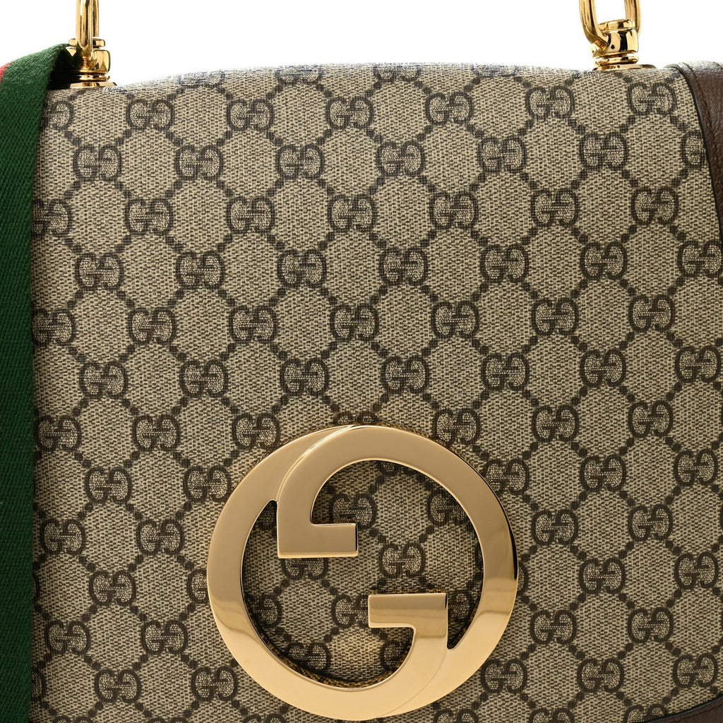 Gucci GG Supreme Monogram Textured Dollar Calfskin Web Medium Blondie Top Handle Shoulder Flap Bag Beige Ebony New Acero