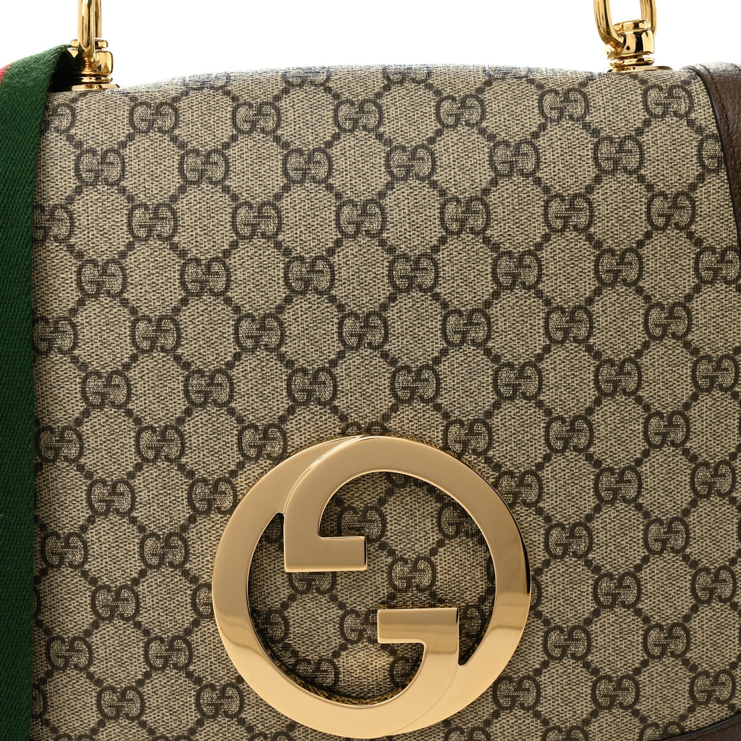 Gucci GG Supreme Monogram Textured Dollar Calfskin Web Medium Blondie Top Handle Shoulder Flap Bag Beige Ebony New Acero