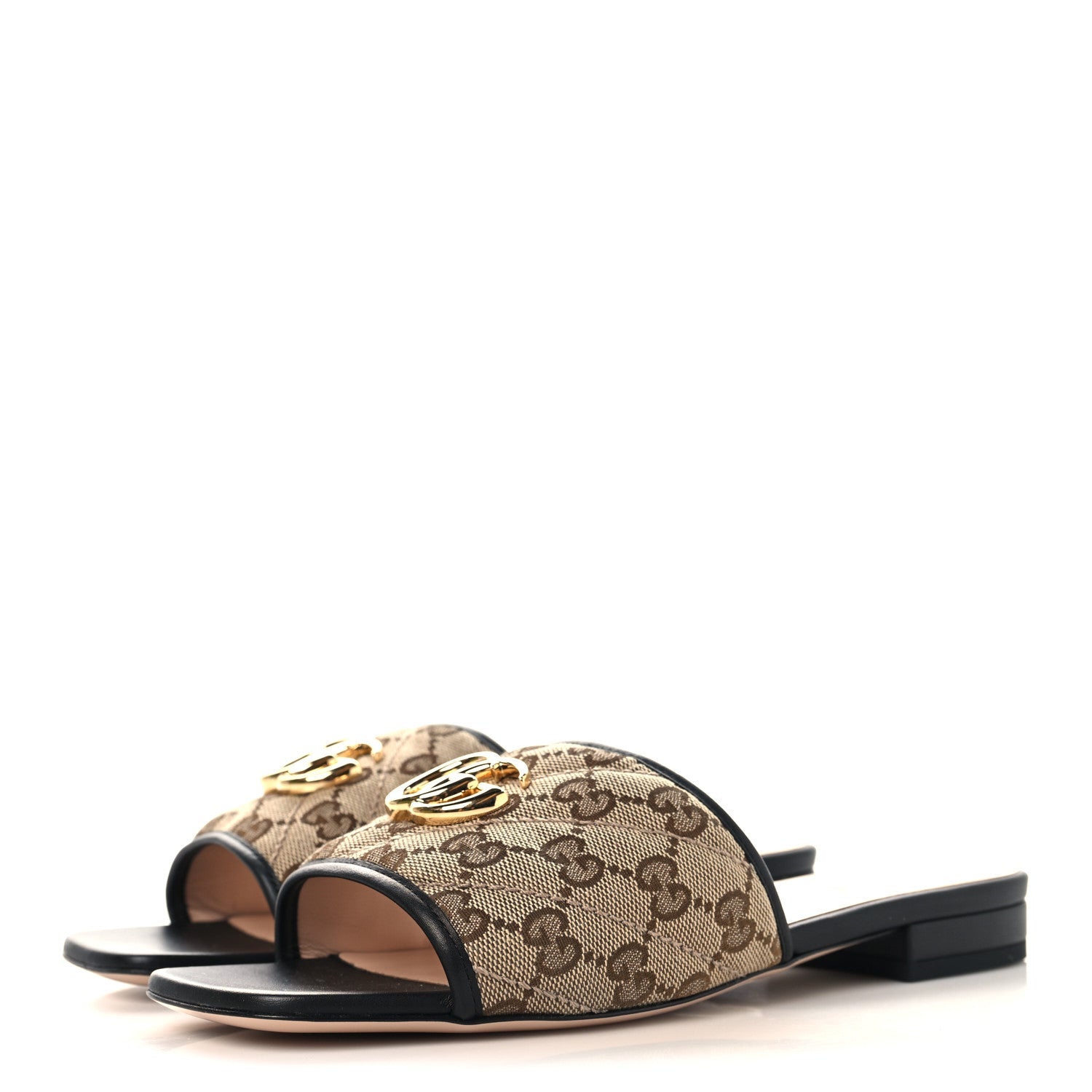 Gucci Monogram Matelasse Diagonal GG Marmont Flat Slide Sandals 37.5 Beige Ebony Black
