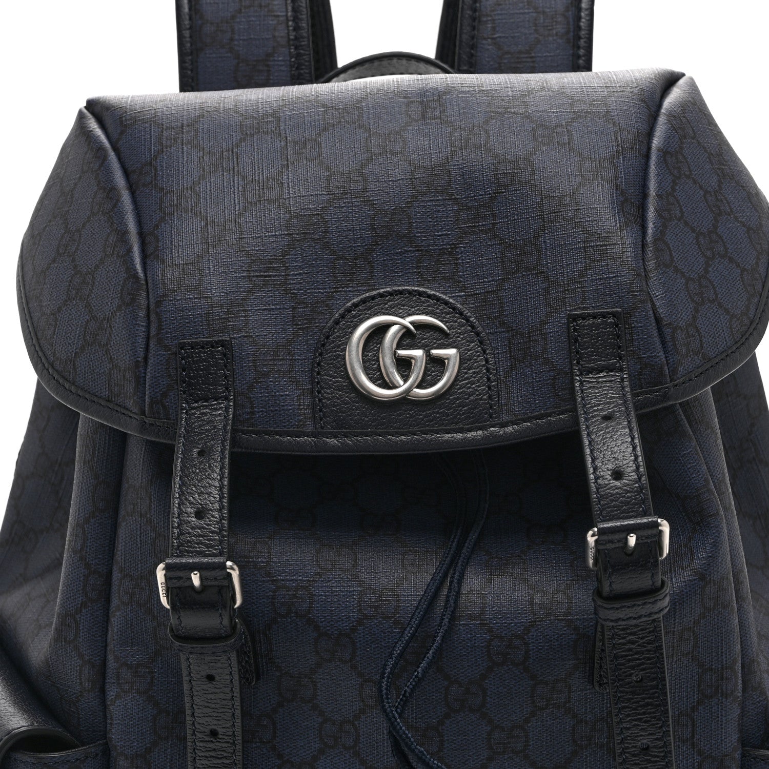 Gucci GG Supreme Monogram Textured Dollar Calfskin Medium Ophidia Double Buckle Backpack Blue Dark Blue Black