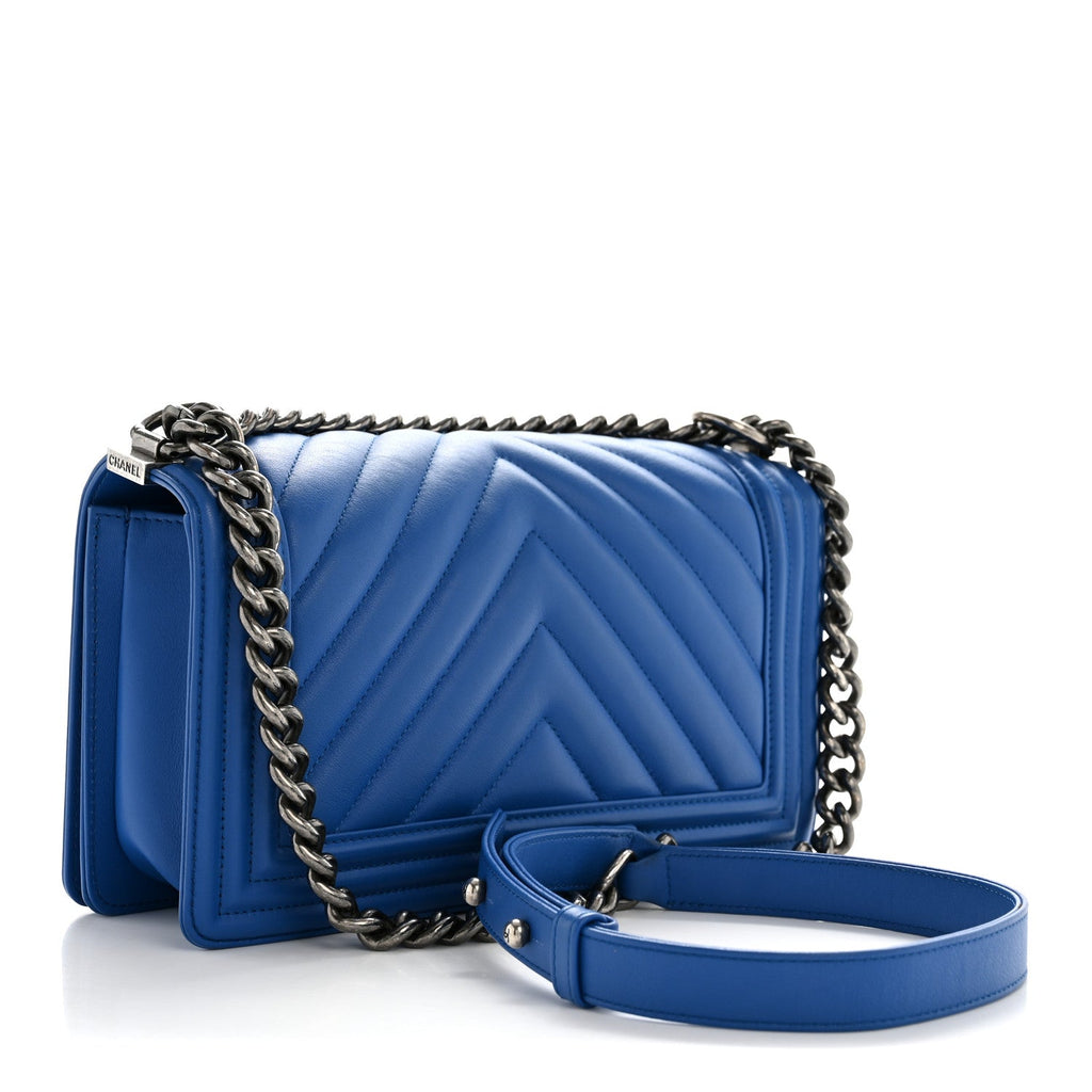 Chanel Calfskin Chevron Quilted Medium Boy Flap Blue
