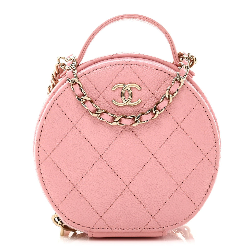 Chanel Caviar Quilted Round Handle With Care Vanity With Chain Pink