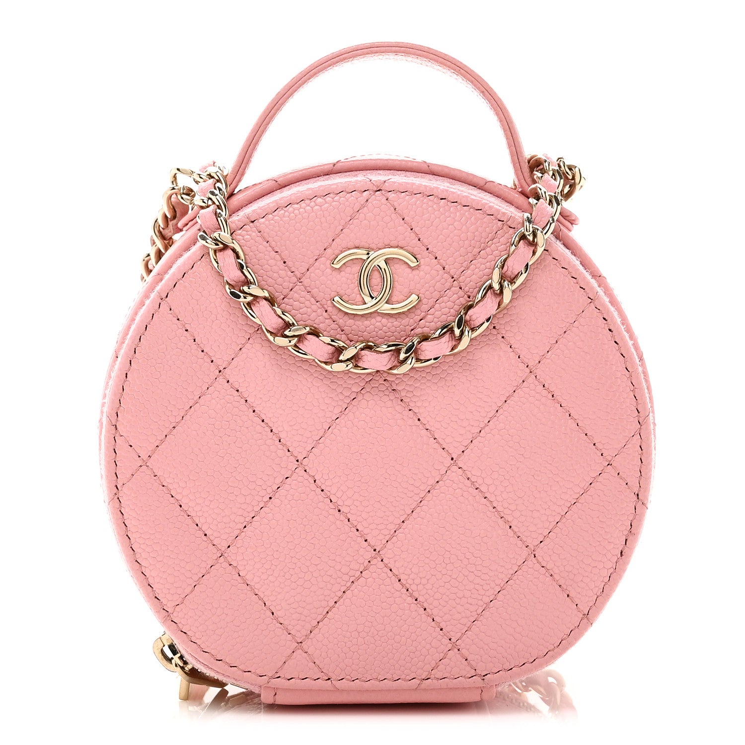 Chanel Caviar Quilted Round Handle With Care Vanity With Chain Pink