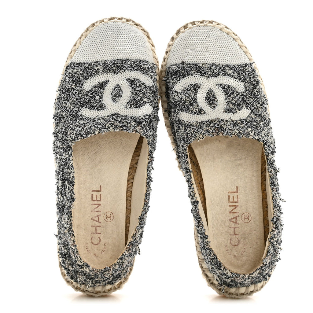 Chanel Tweed Sequin CC Espadrilles 37 Black White