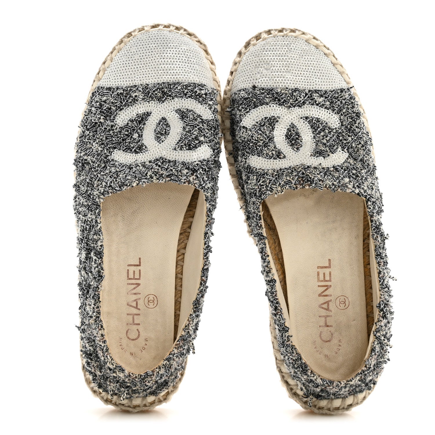 Chanel Tweed Sequin CC Espadrilles 37 Black White