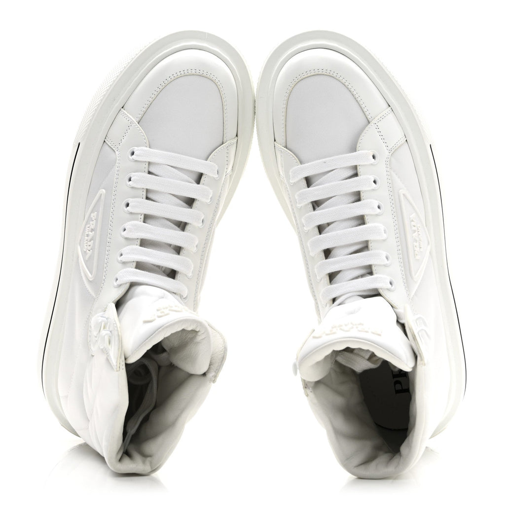 Prada Re-Nylon Gabardine Spazzolato Macro Quilted Triangle Logo High Top 45mm Sneakers 38.5 White