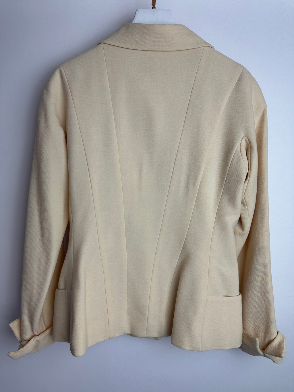 Chanel Vintage Cream Double Breasted Wool Blazer Jacket and Skirt Set with Gold CC Logo Button Detail FR 36 (UK 8)