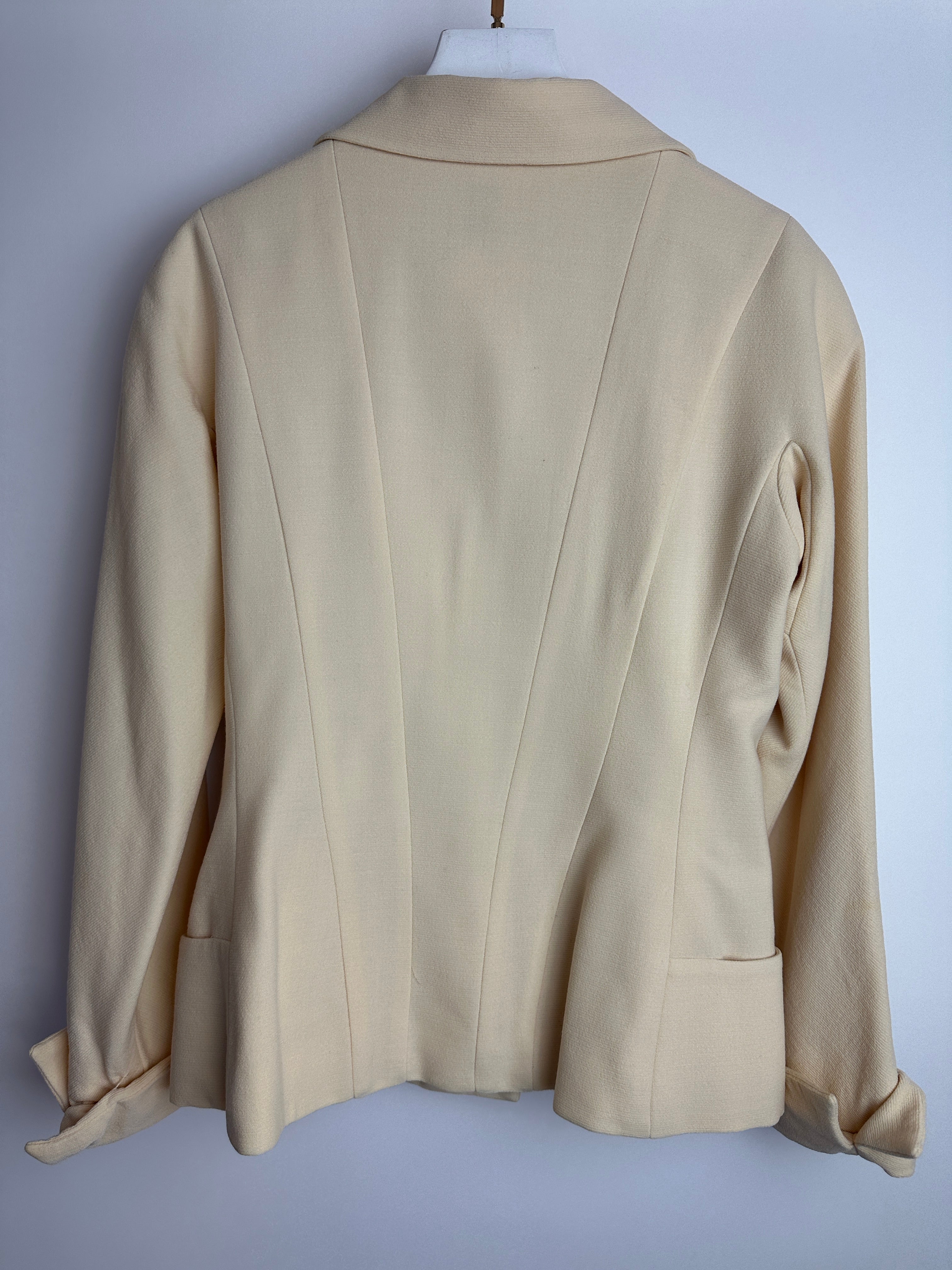 Chanel Vintage Cream Double Breasted Wool Blazer Jacket and Skirt Set with Gold CC Logo Button Detail FR 36 (UK 8)