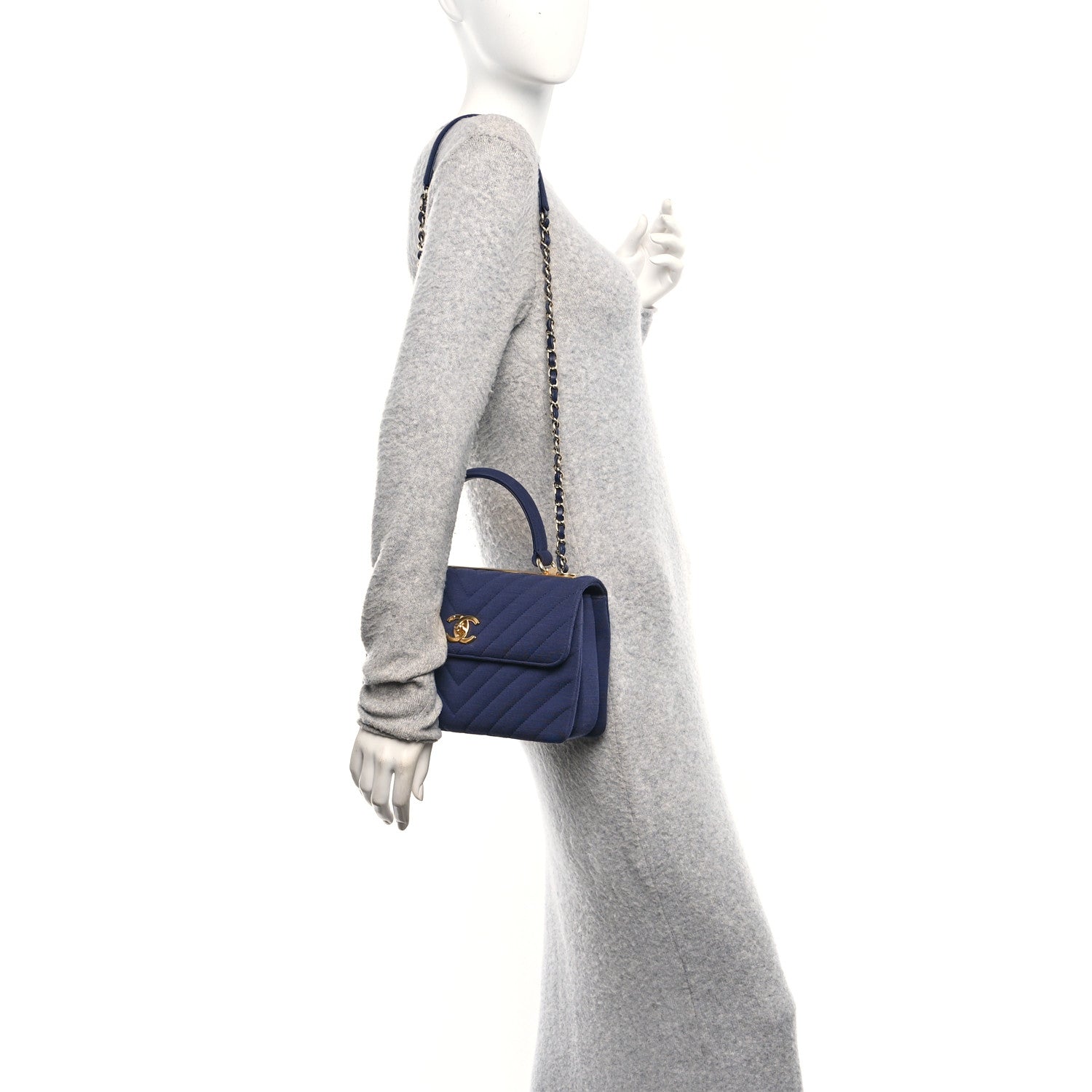 Chanel Jersey Chevron Quilted Small Trendy CC Dual Handle Flap Bag Navy Blue