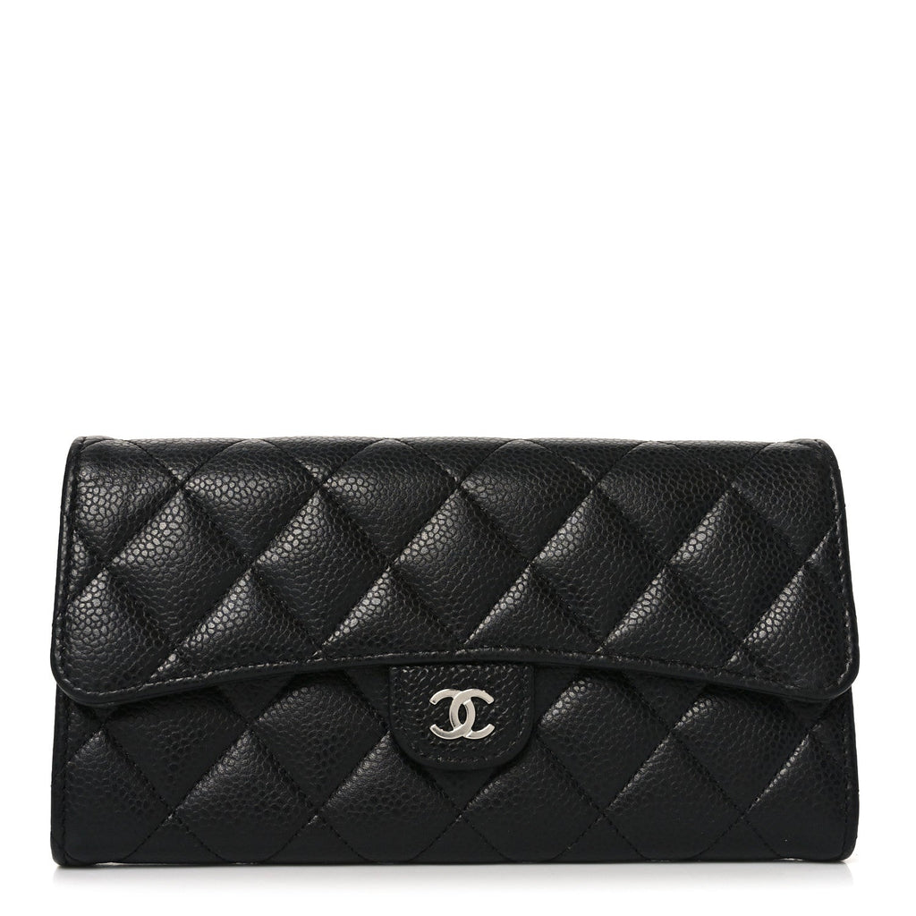 Caviar Quilted Large Gusset Flap Wallet Black