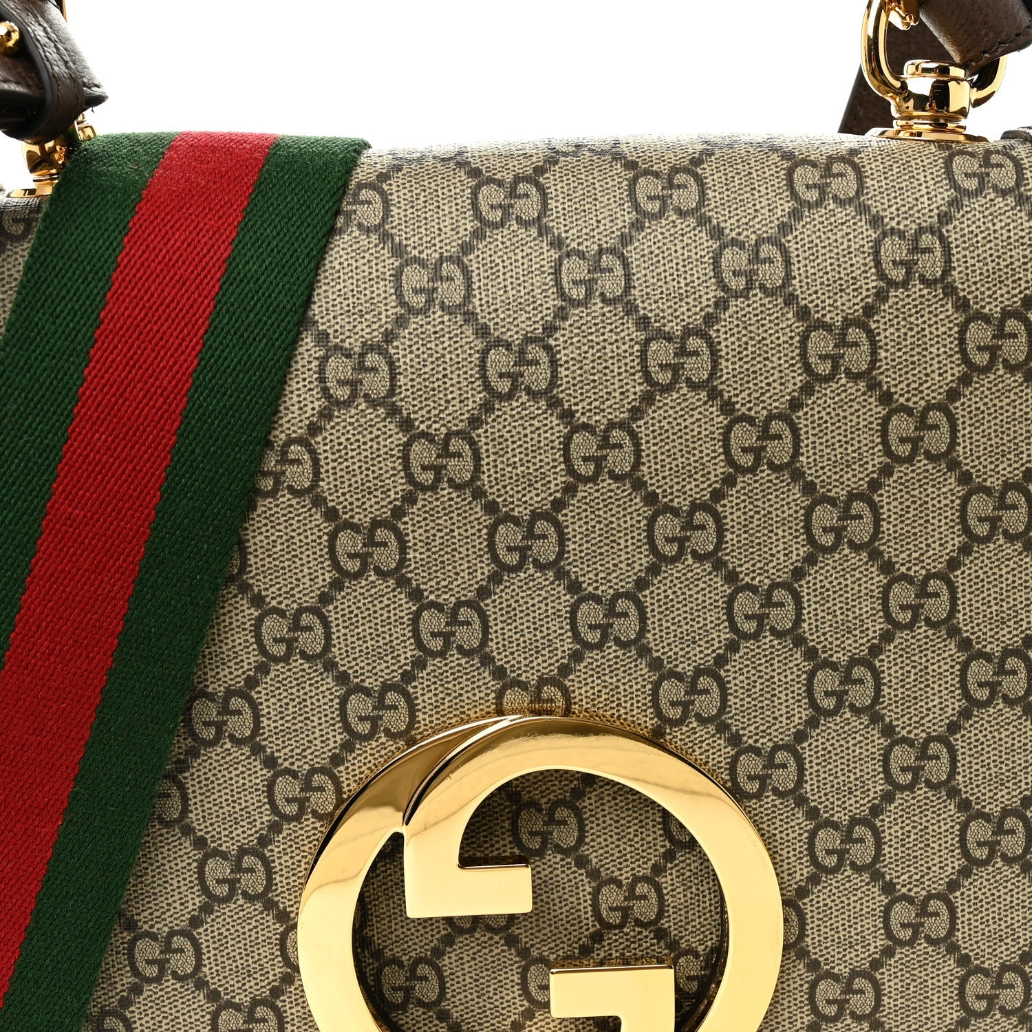 Gucci GG Supreme Monogram Textured Dollar Calfskin Web Medium Blondie Top Handle Shoulder Flap Bag Beige Ebony New Acero