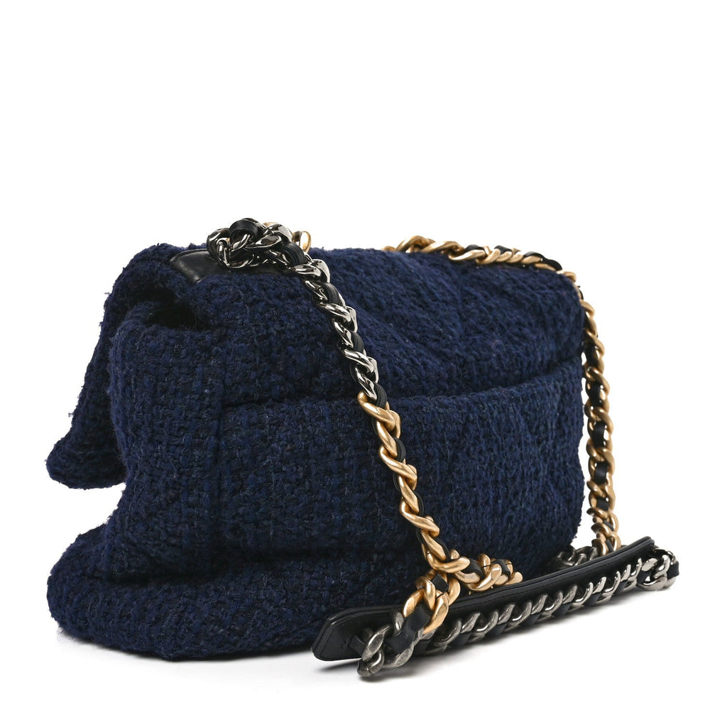 Chanel Tweed Quilted Large Chanel 19 Flap Navy Blue