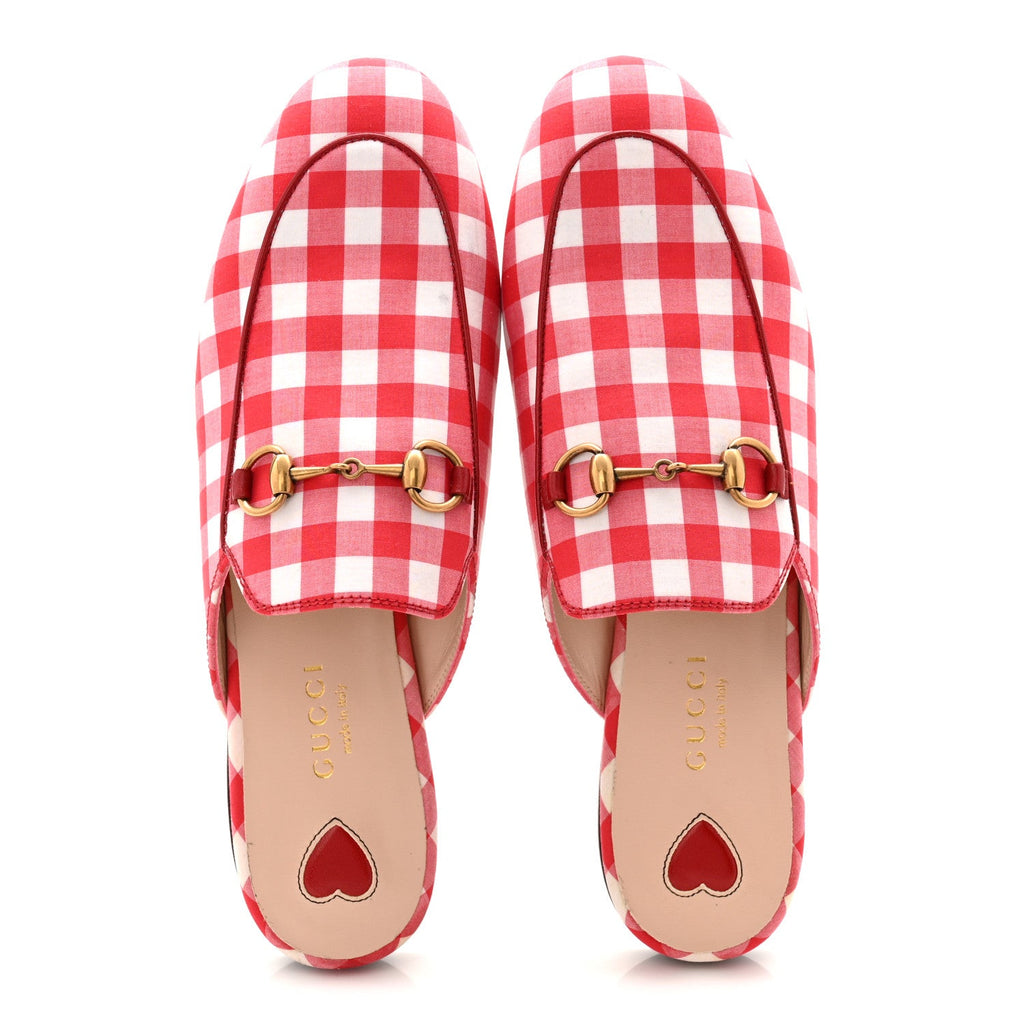 Gucci Cotton Gingham Womens Princetown Slippers 36 White Red