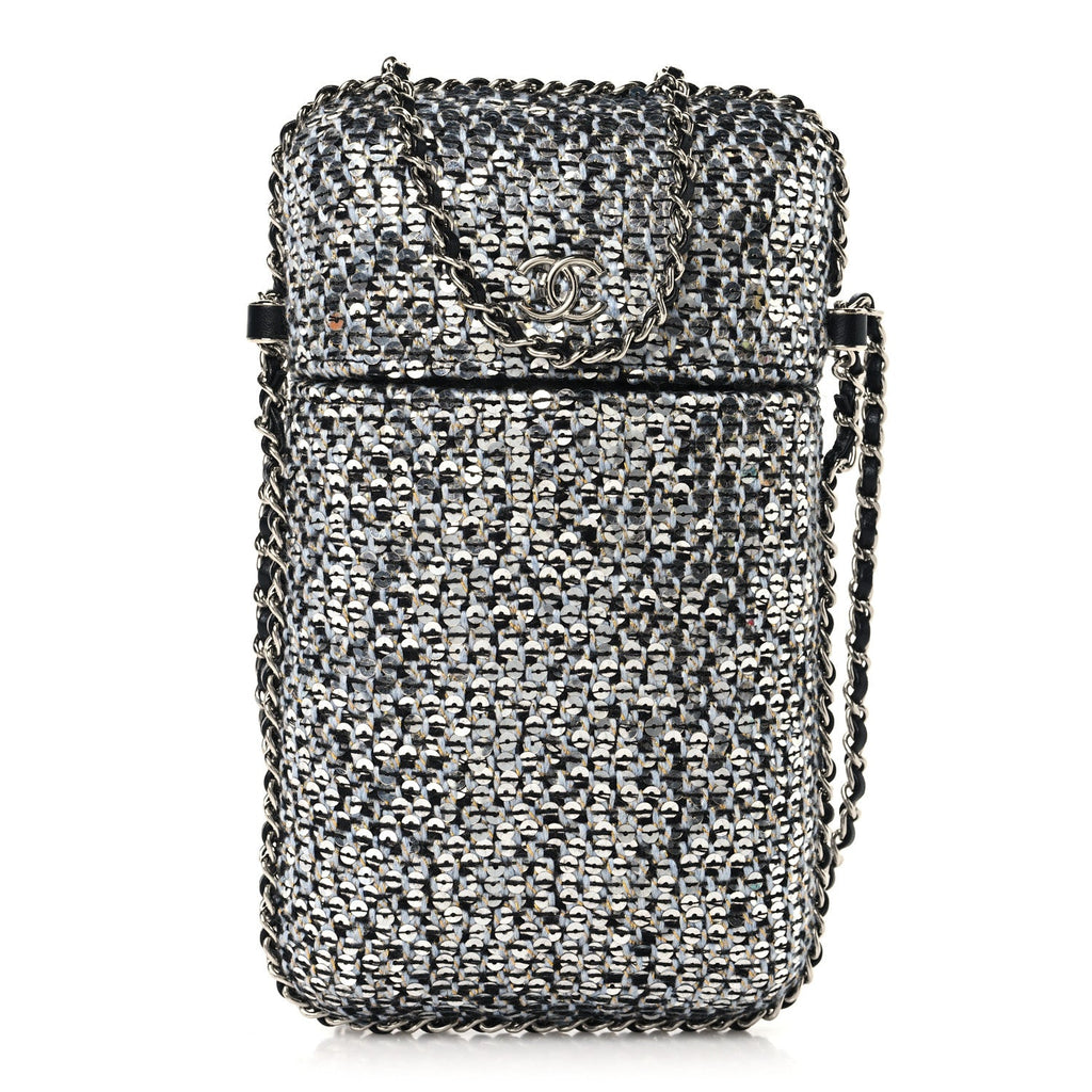 Chanel Tweed Sequin Chain Around Phone Holder Silver Black