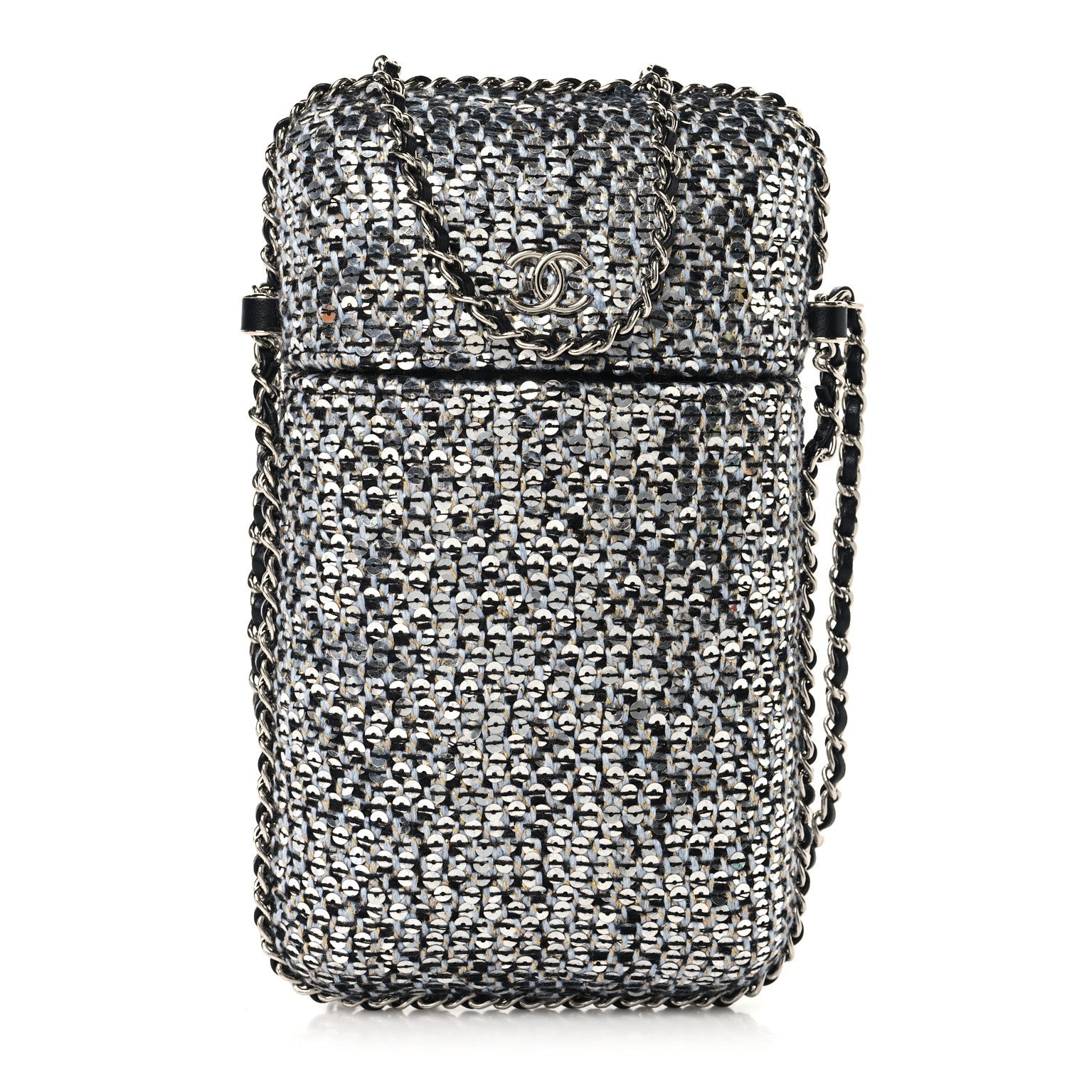 Chanel Tweed Sequin Chain Around Phone Holder Silver Black
