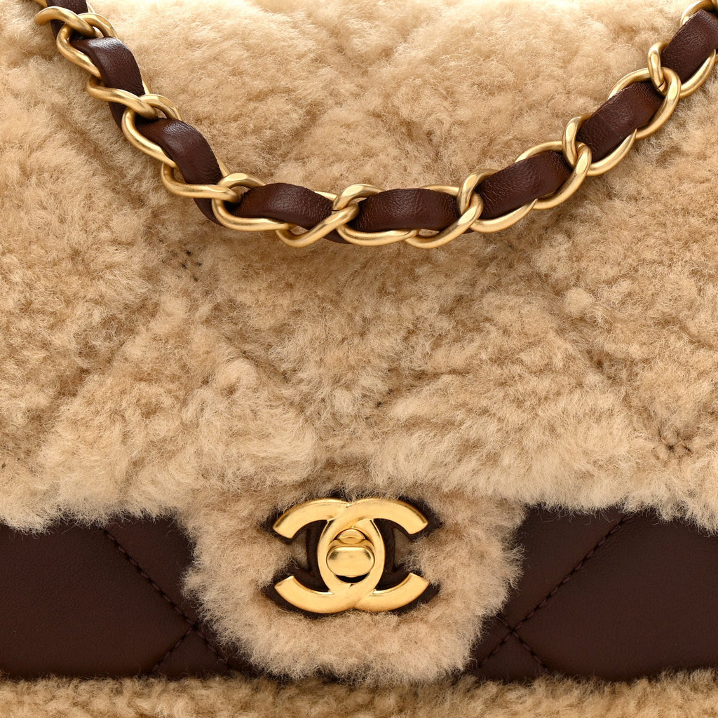 Chanel Shearling Lambskin Quilted Mini Furry Coco Flap Beige Dark Brown