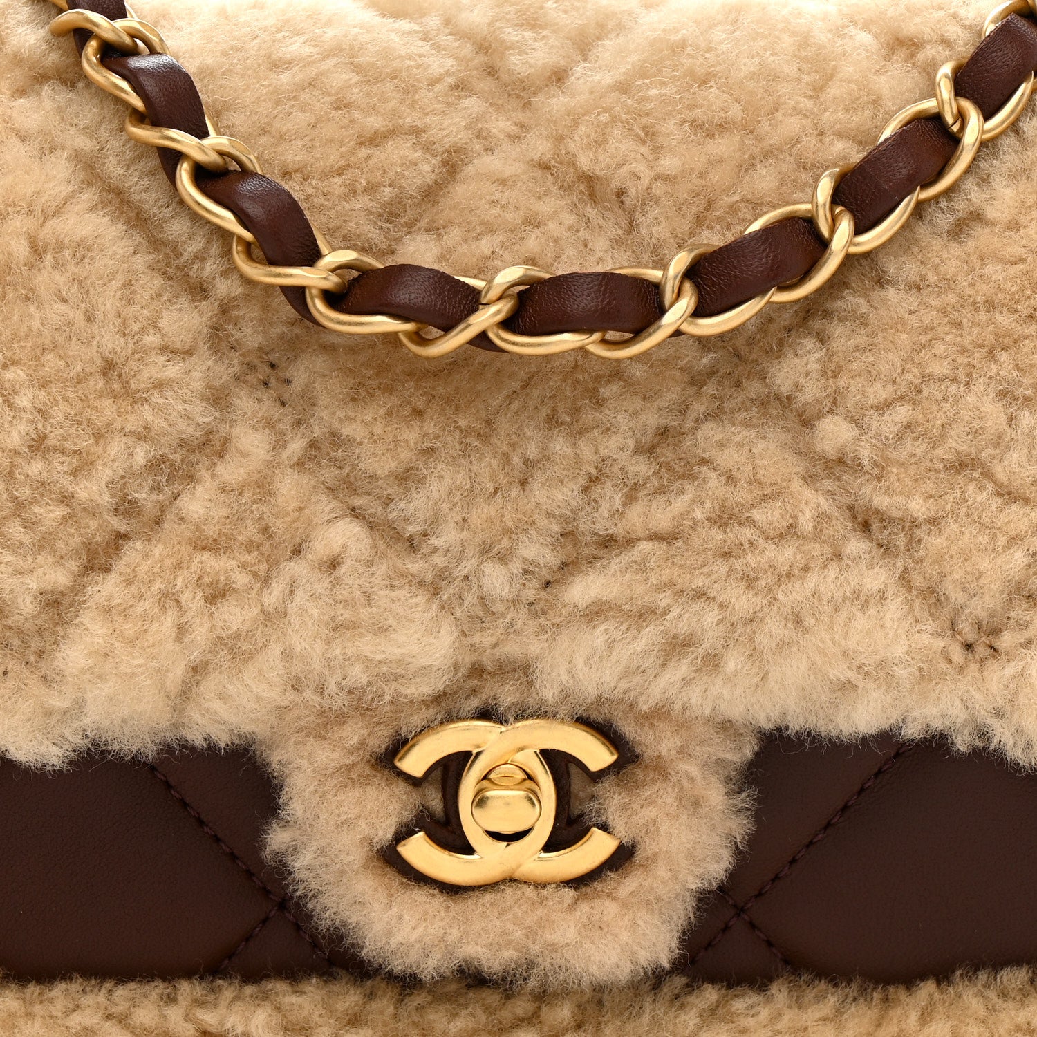 Chanel Shearling Lambskin Quilted Mini Furry Coco Flap Beige Dark Brown