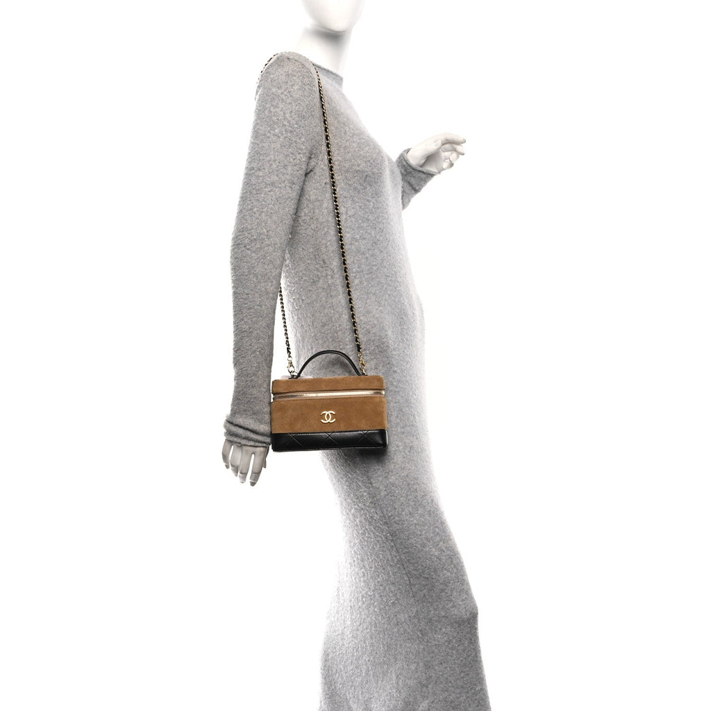 Chanel Suede Calfskin Shiny Lambskin Stitched Top Handle Slim Vanity With Chain Beige Black