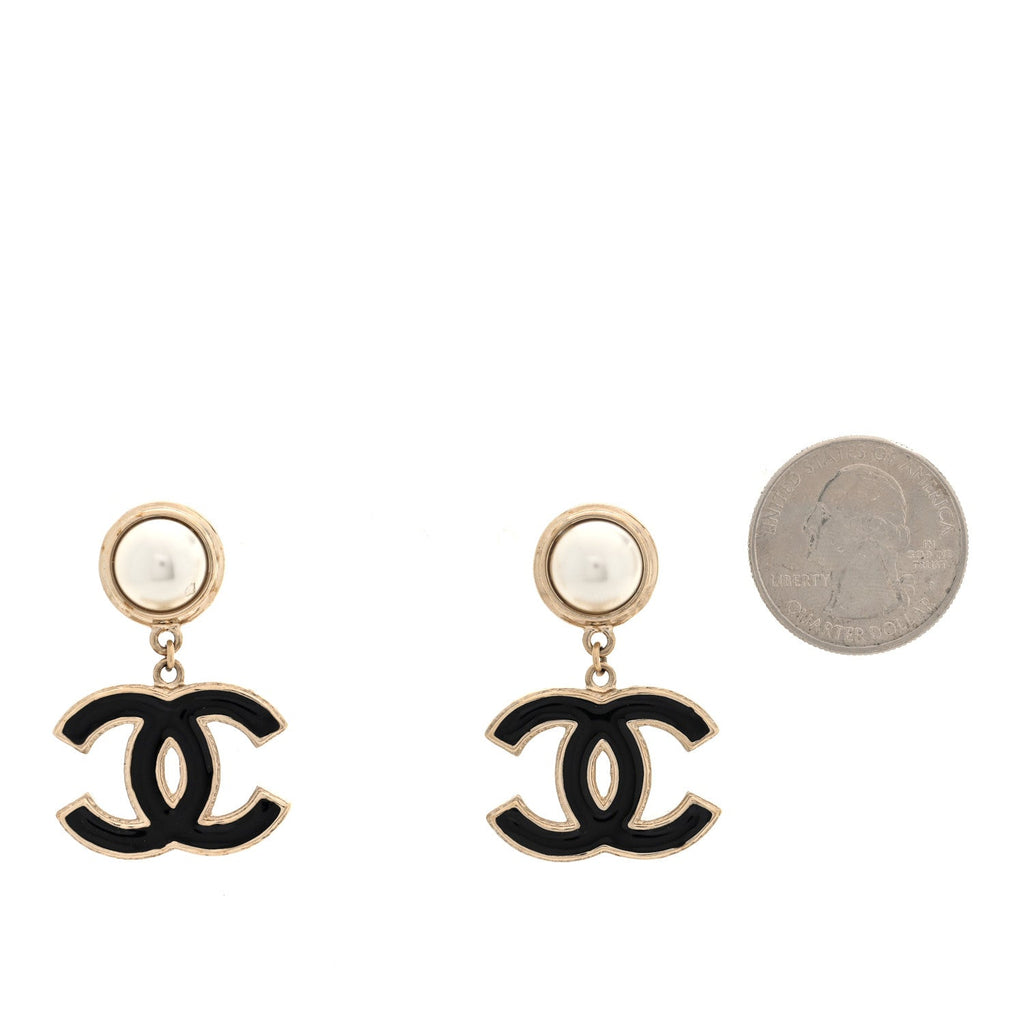 Pearl Enamel CC Drop Earrings Black