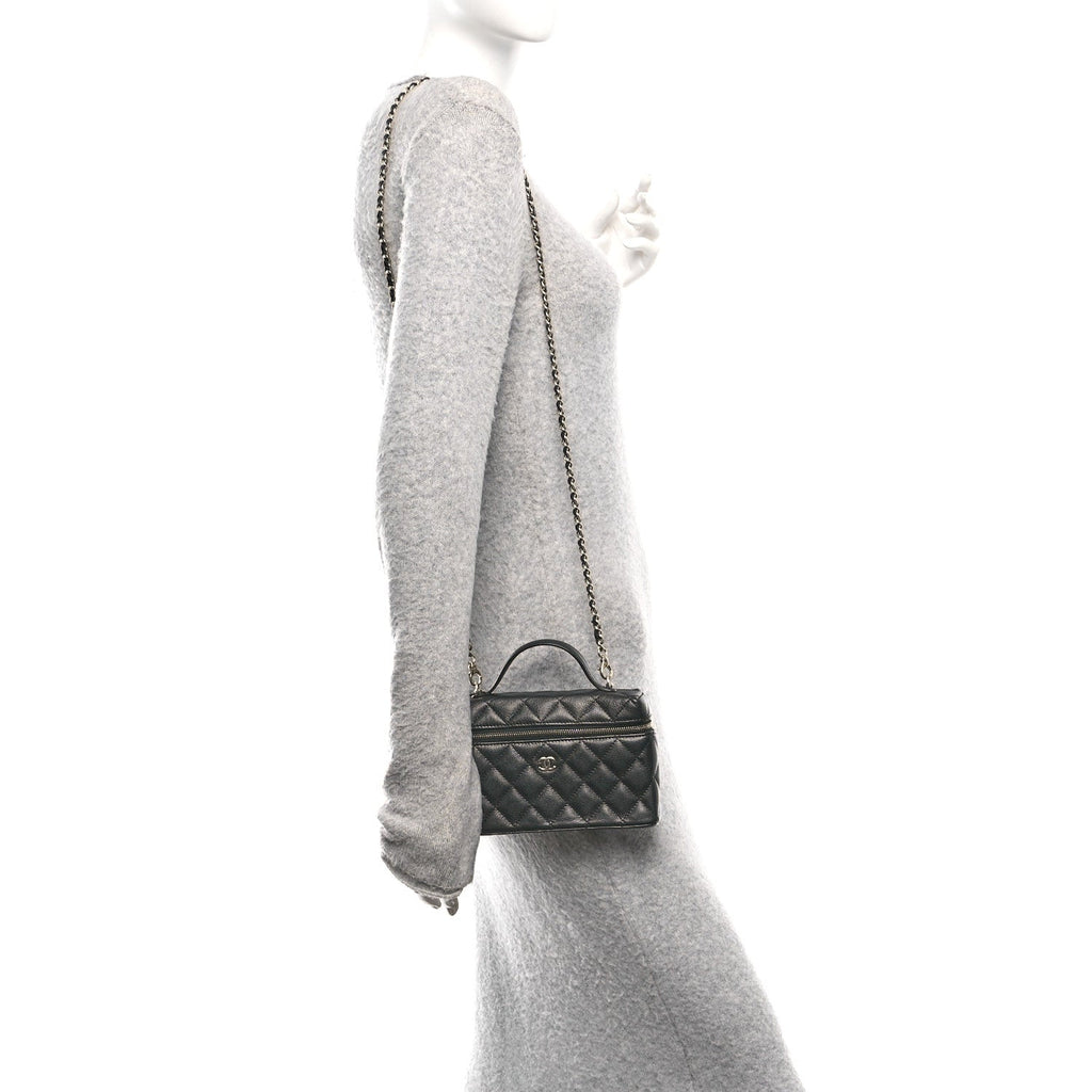 Chanel Caviar Quilted Top Handle Slim Vanity With Chain Black