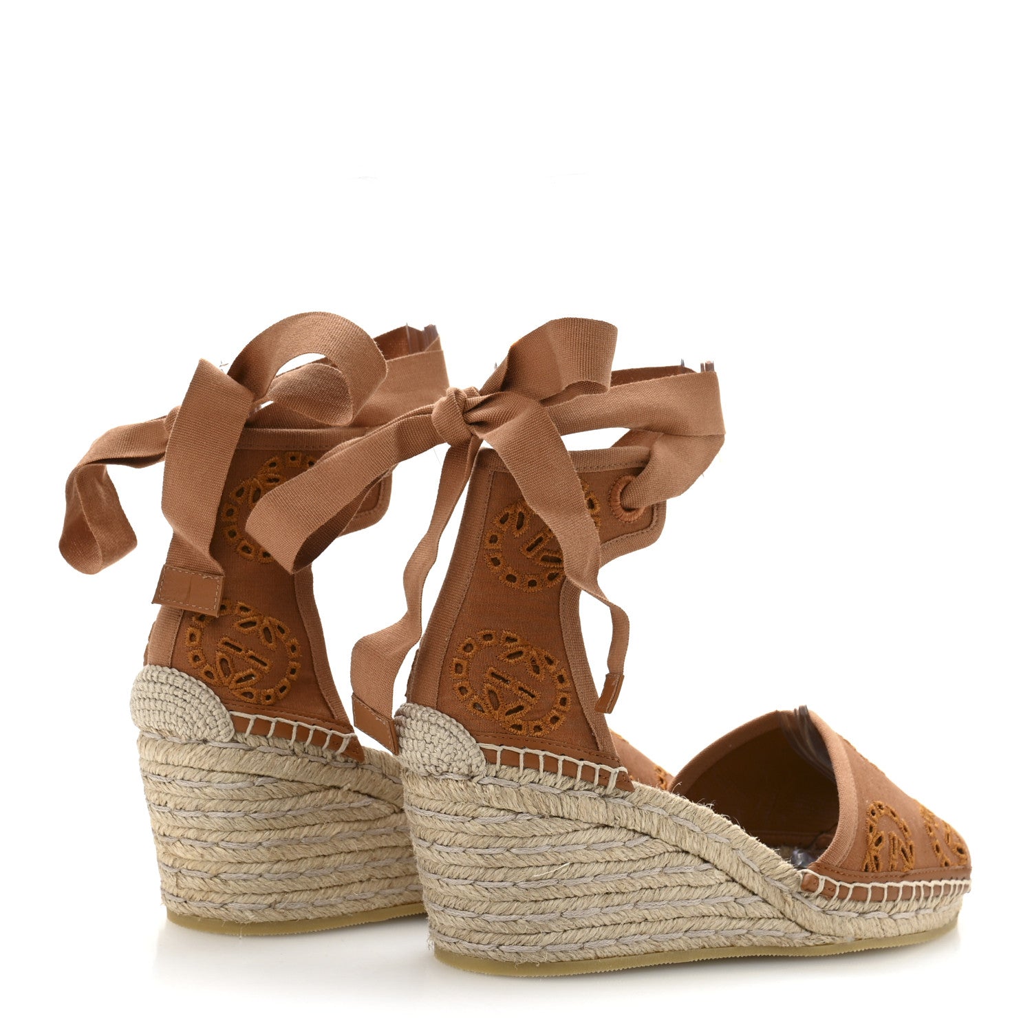 Gucci Canvas Damita GG Eyelet Espadrille Wedge Sandals 37.5 Blondie Cognac