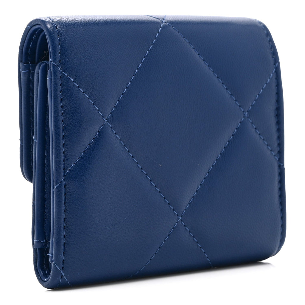Goatskin Quilted Chanel 19 Small Flap Wallet  Blue