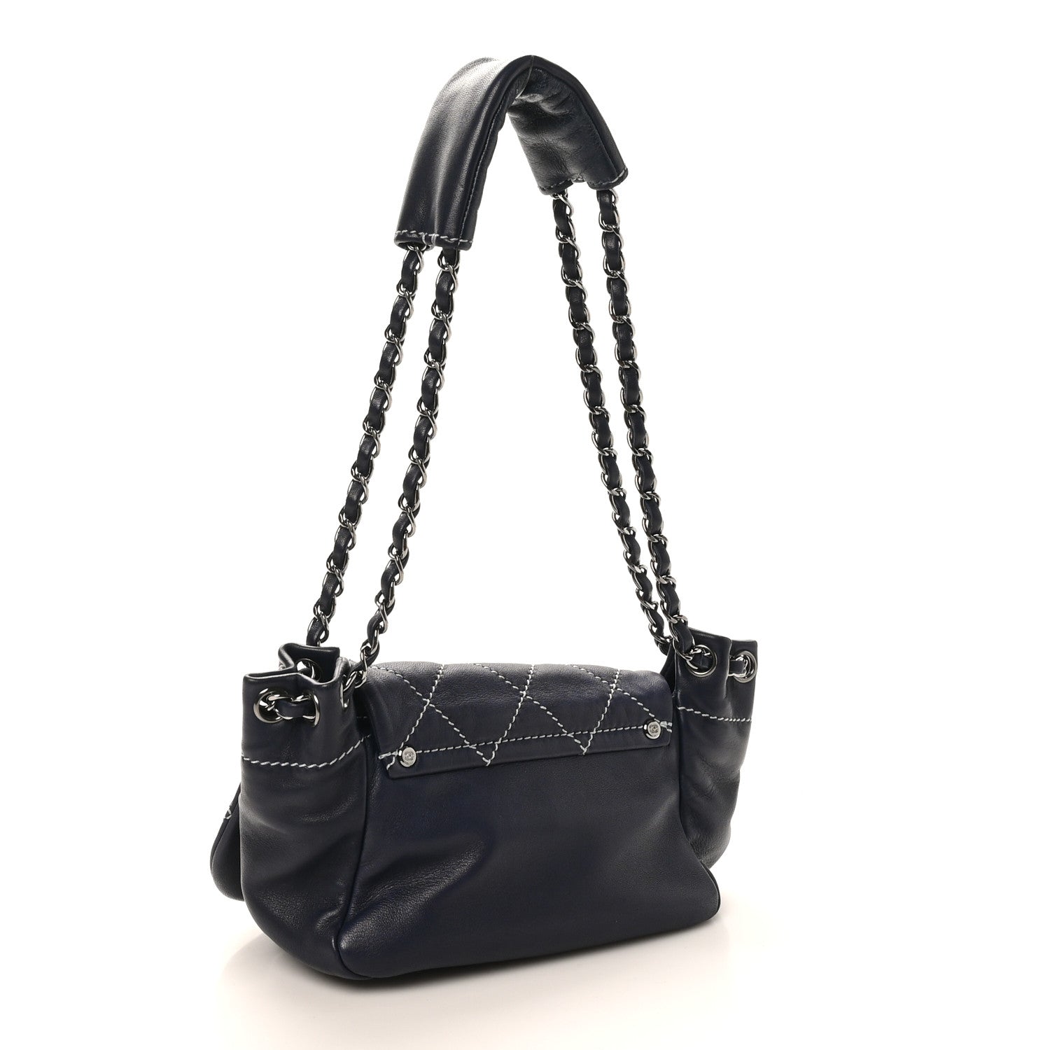 Chanel Lambskin Contrast Stitch Small Surpique Accordion Flap Navy