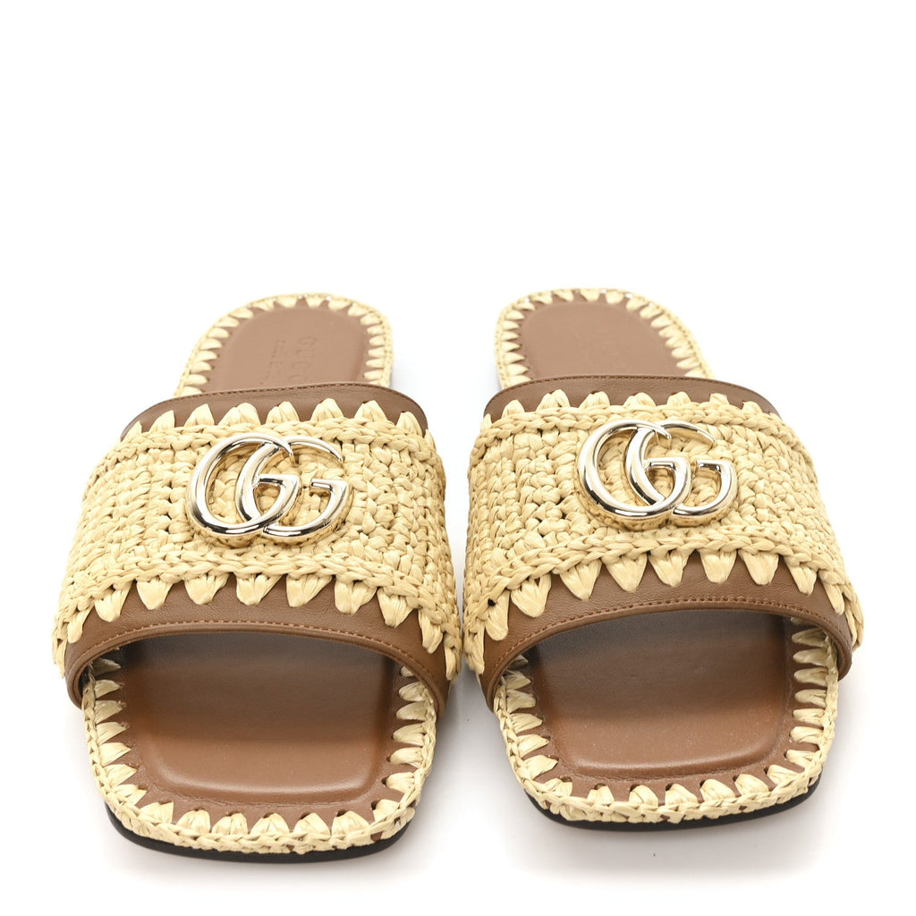 Gucci Raffia Interlocking G Flat Slide Sandals 37.5 Bright Natural Sundial